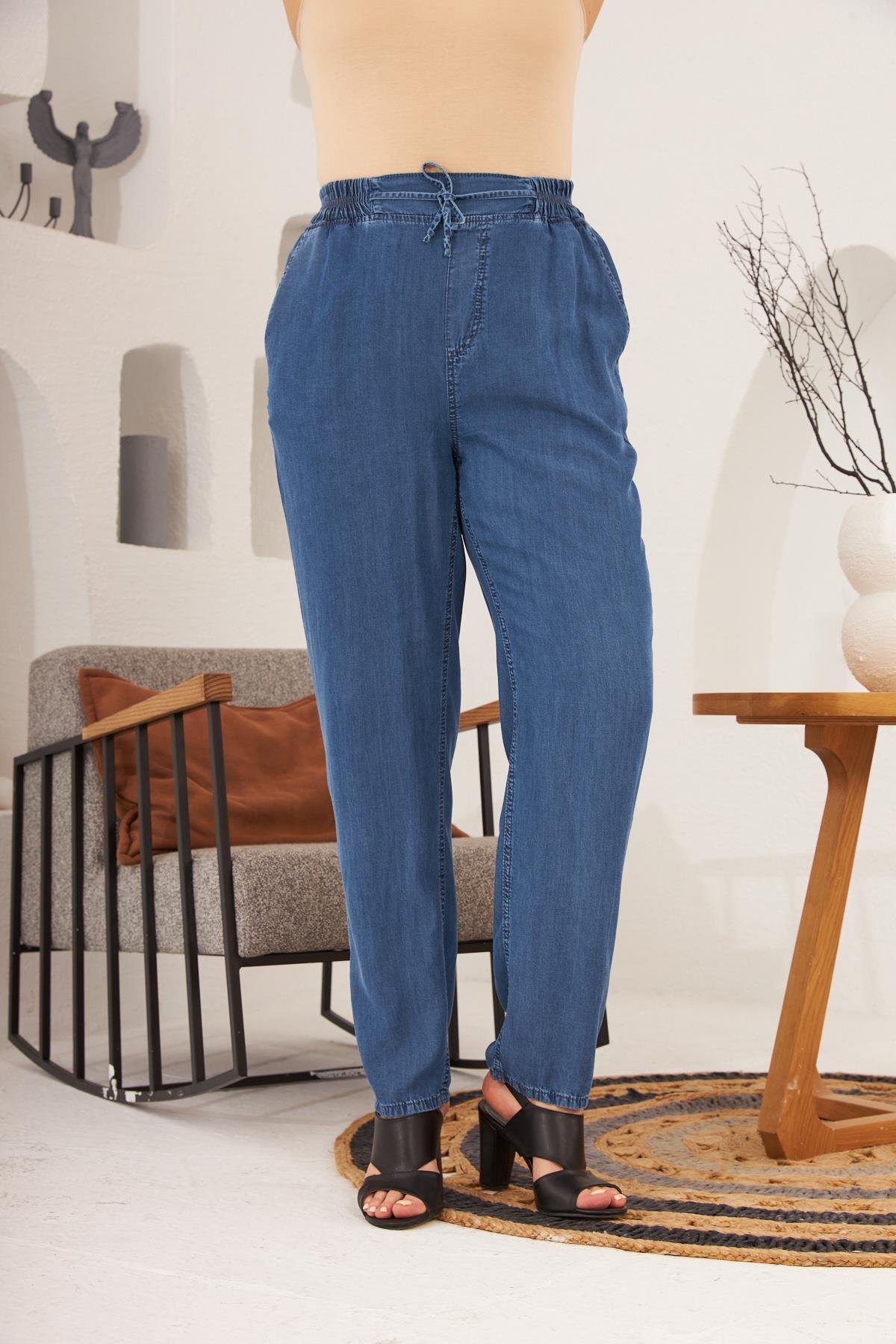 Rmg Bel Bağcık Detaylı Beli Lastikli Büyük Beden Mavi Pantolon