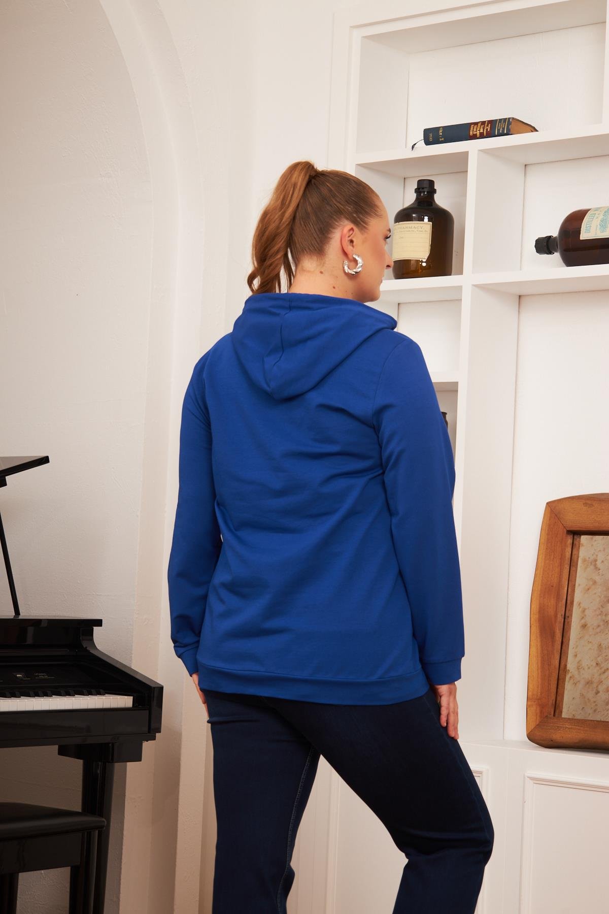 Rmg Kapşonlu Büyük Beden Saks Sweatshirt
