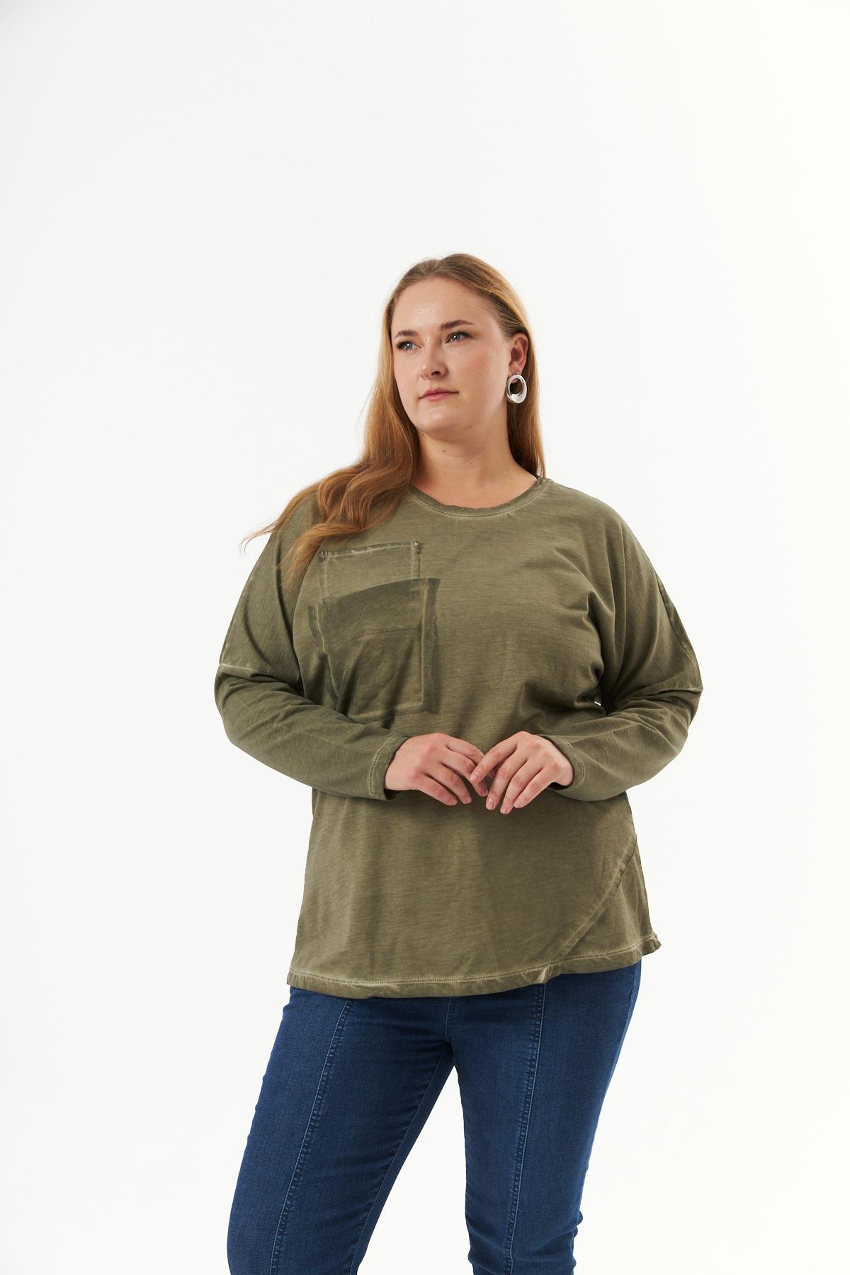 Büyük Beden Cep Detay Parça Boya Sweatshirt Haki
