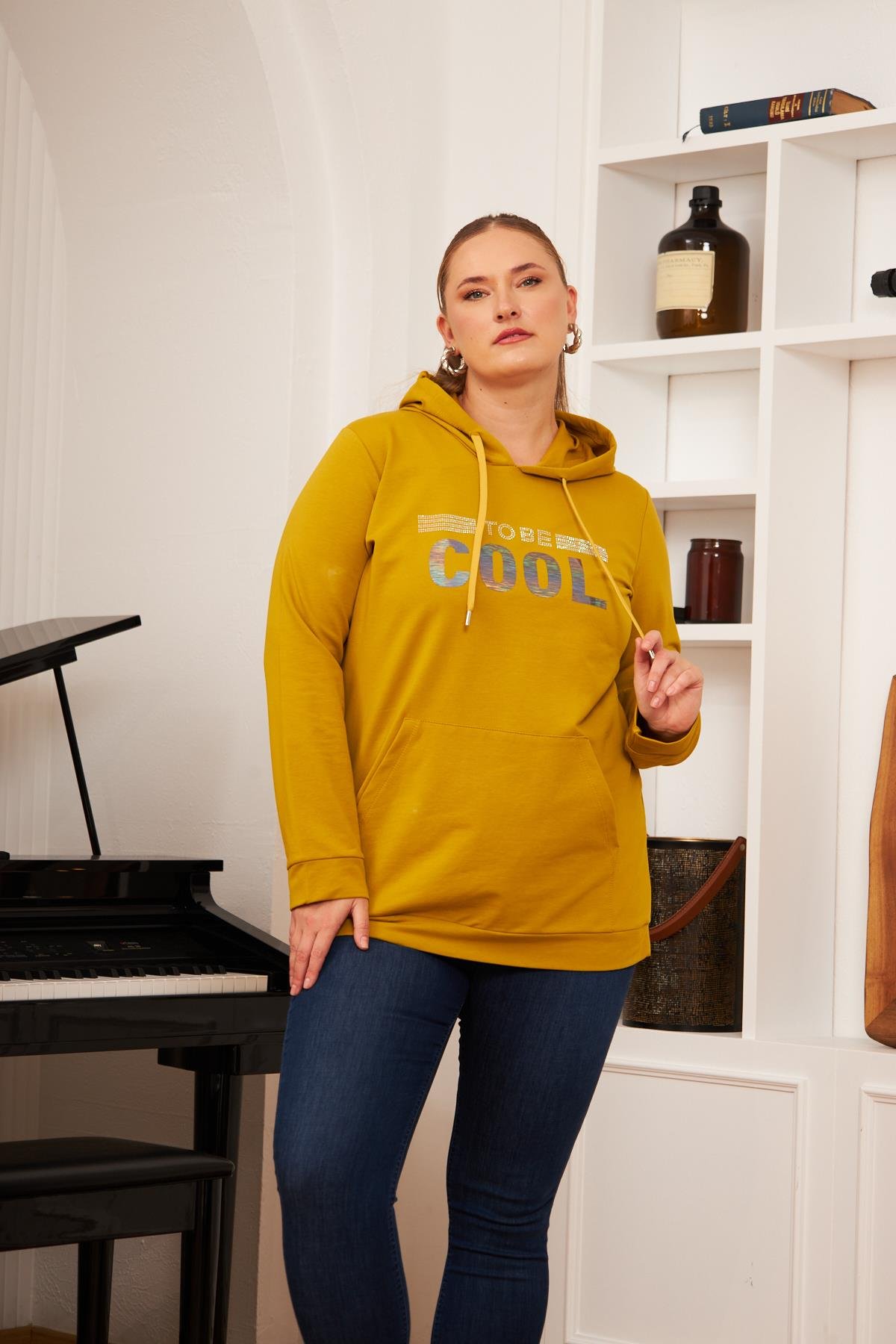 Büyük Beden Taş Baskılı Sweatshirt Koyu Oliv