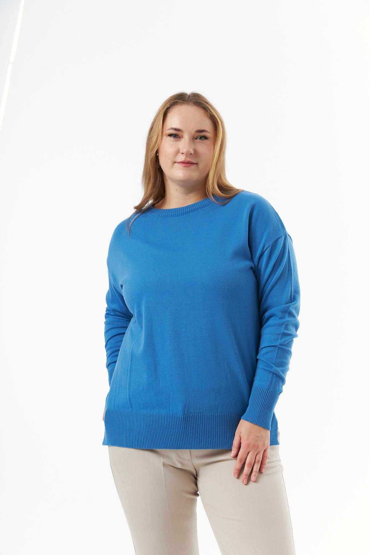 Büyük Beden Bisiklet Yaka Triko Kazak İndigo