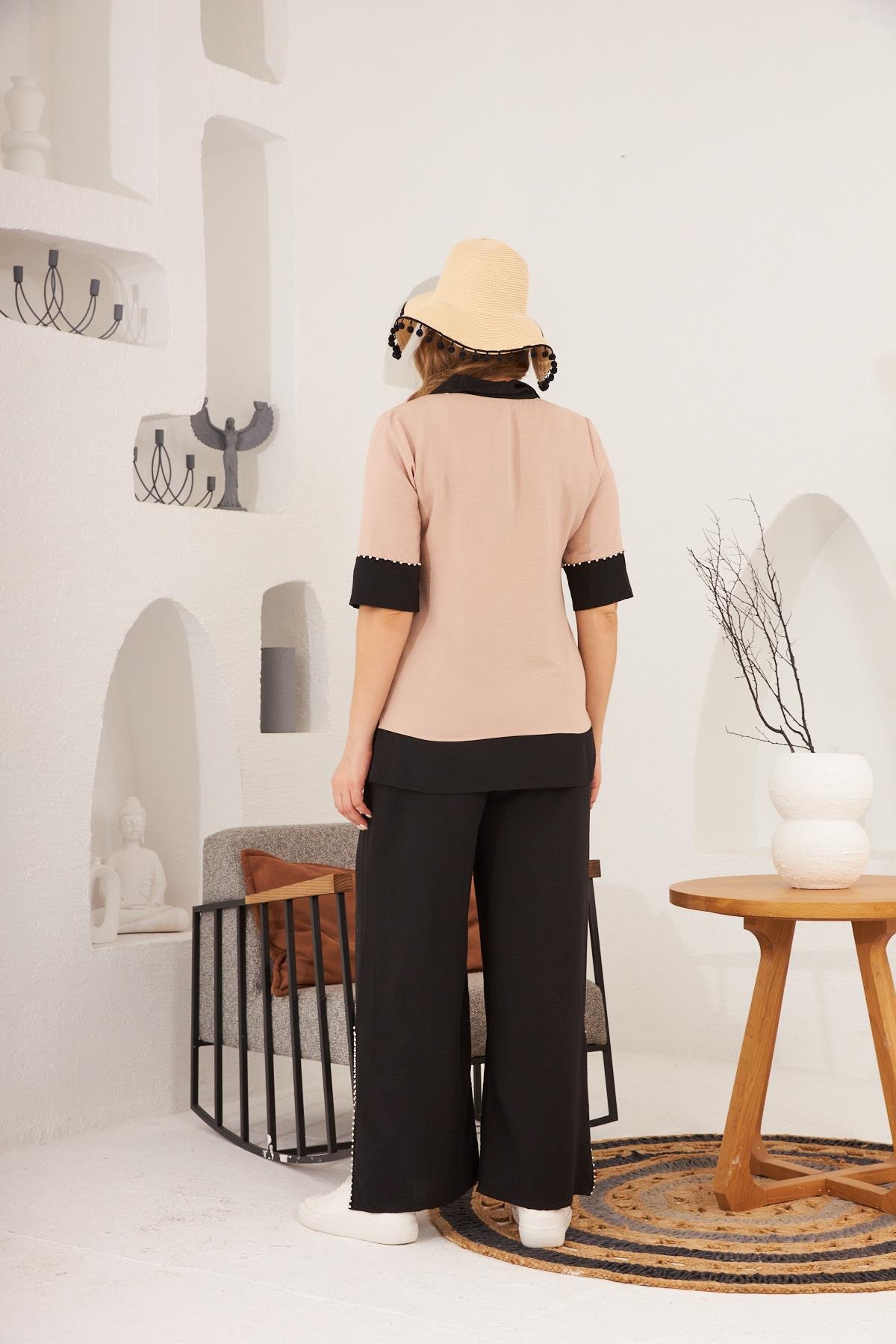 Rmg Kol Boncuk Detaylı Büyük Beden Vizon Bluz Pantolon İkili Takım