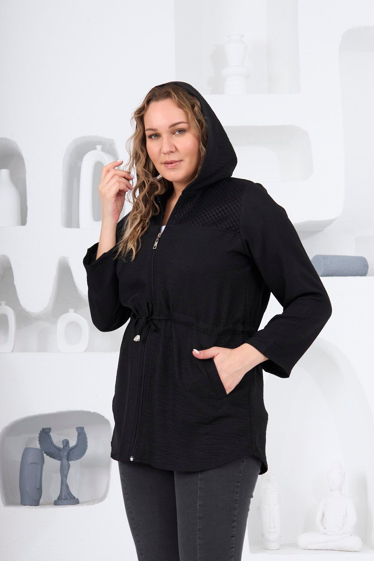 Rmg Omuz File Detaylı Keten Dokulu Büyük Beden Siyah Ceket