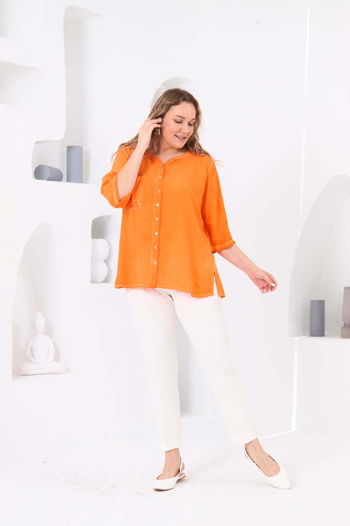 Rmg Cep Pulpayet Detaylı Yırtmaçlı Oranj Büyük Beden Yıkamalı Bluz