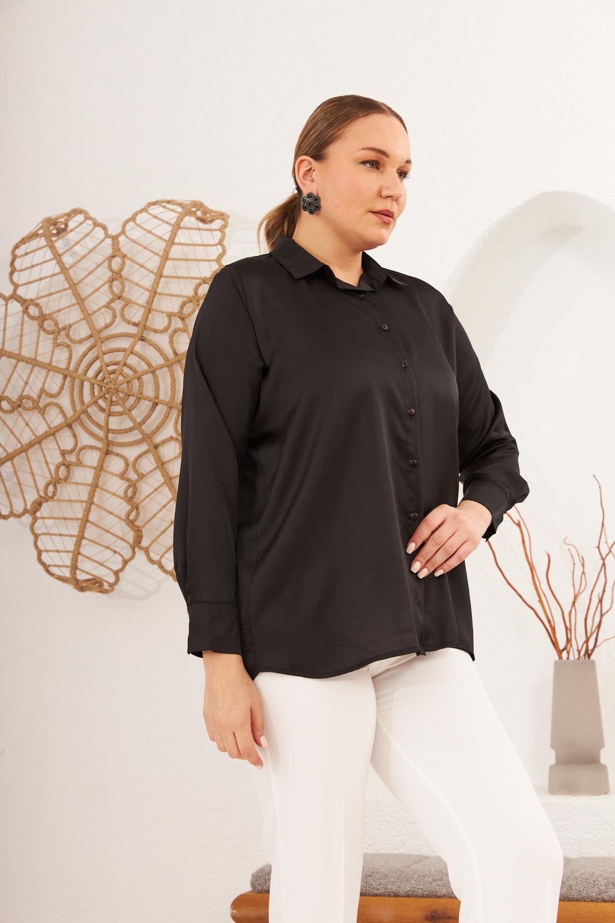 Rmg Uzun Kol Büyük Beden Siyah Saten Gömlek