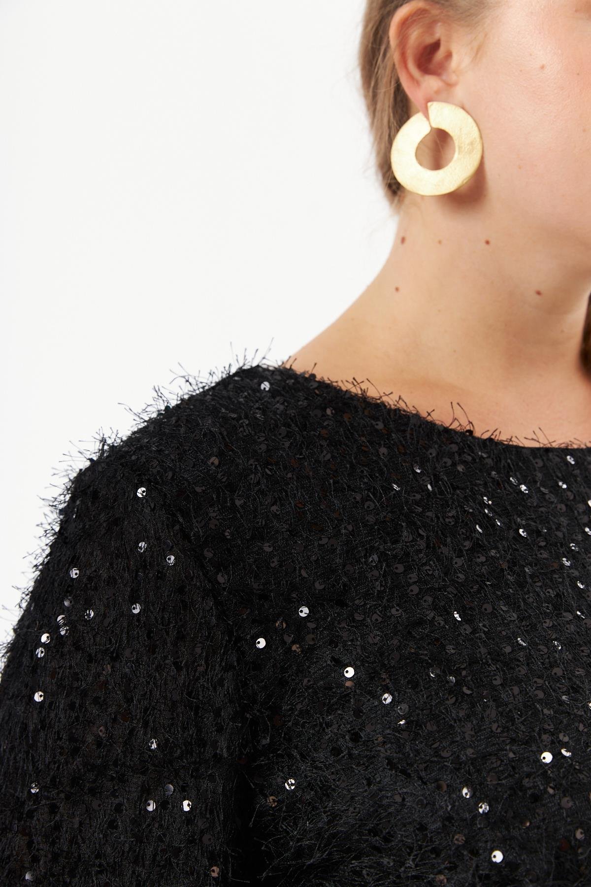 Büyük Beden Pul Payet Kırçıllı Abiye Elbise Siyah