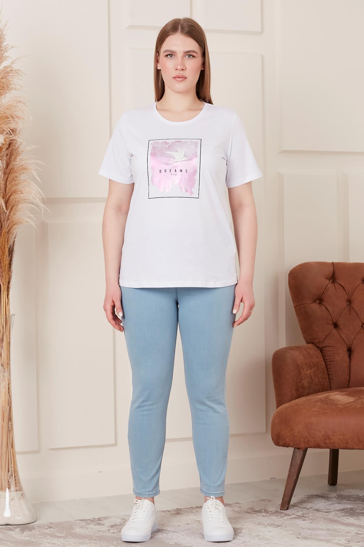 Rmg Nakış İşlemeli Baskılı Büyük Beden Beyaz Tişört