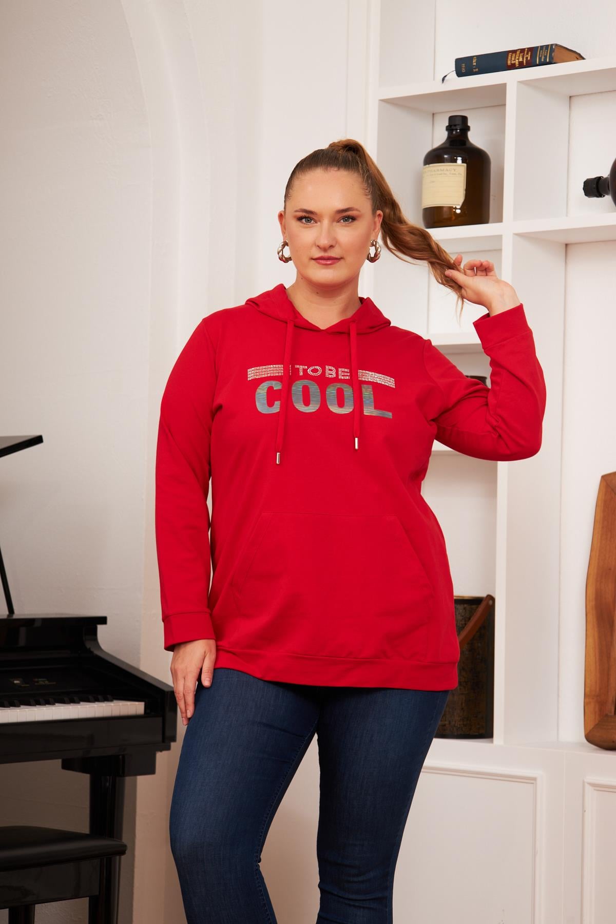 Büyük Beden Taş Baskılı Sweatshirt Kırmızı