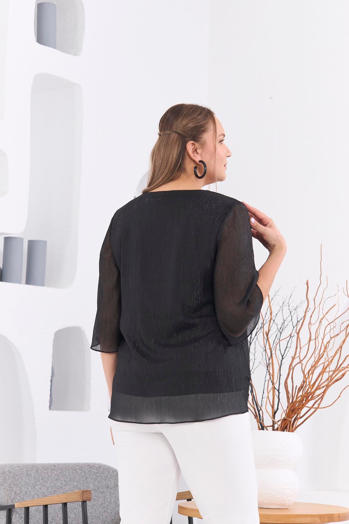 Rmg V Yaka Desenli Büyük Beden Siyah Bluz