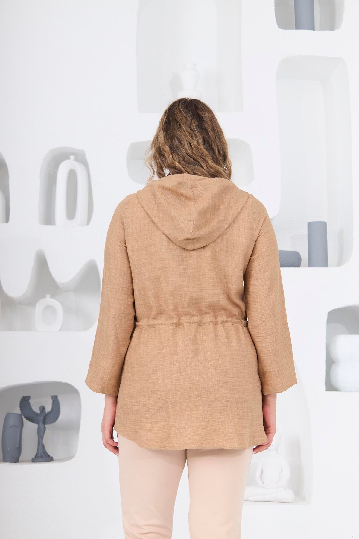 Rmg Omuz File Detaylı Keten Dokulu Büyük Beden Vizon Ceket