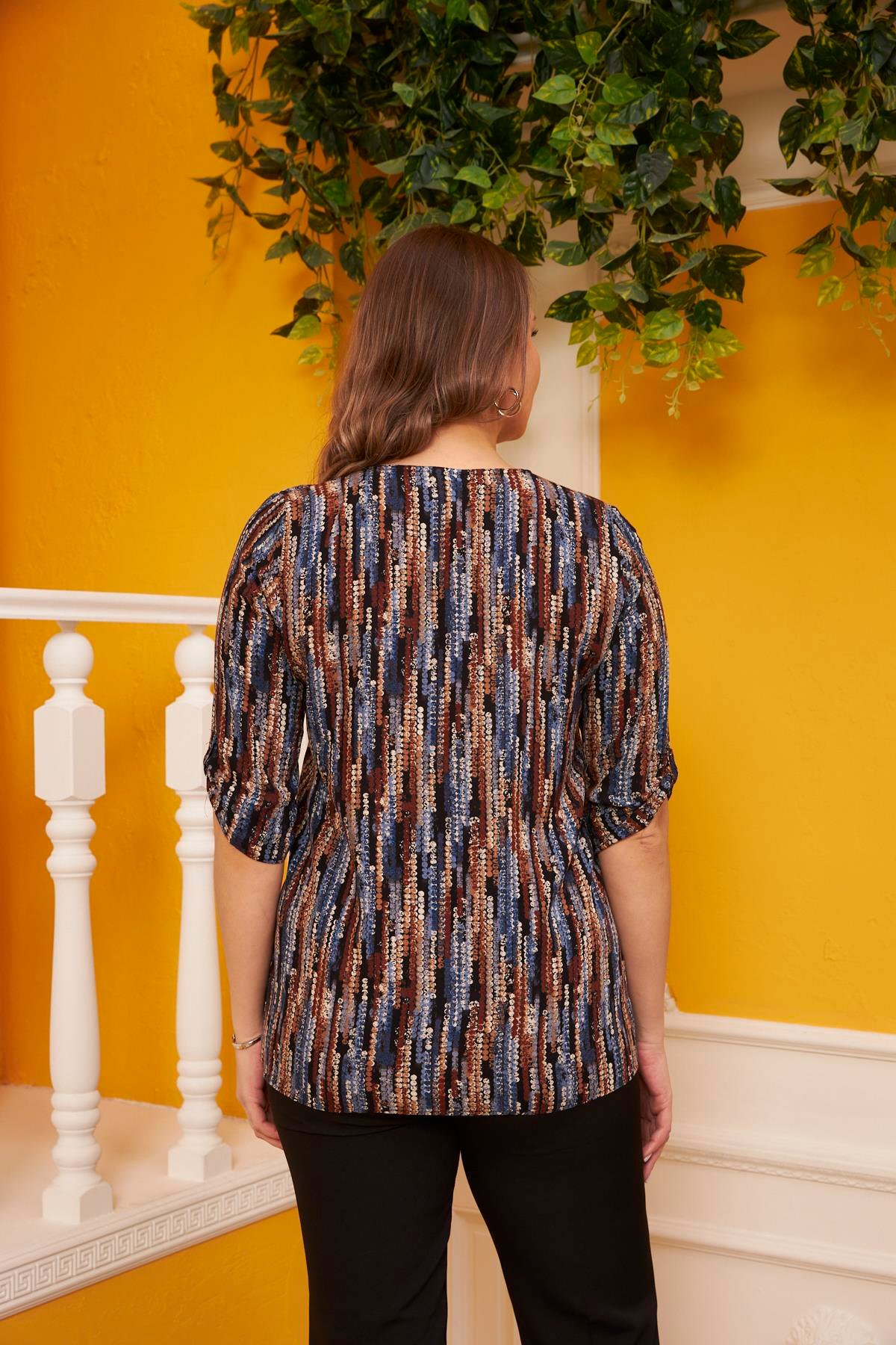 Rmg Cep Taş Detaylı Desenli Büyük Beden İndigo Gömlek