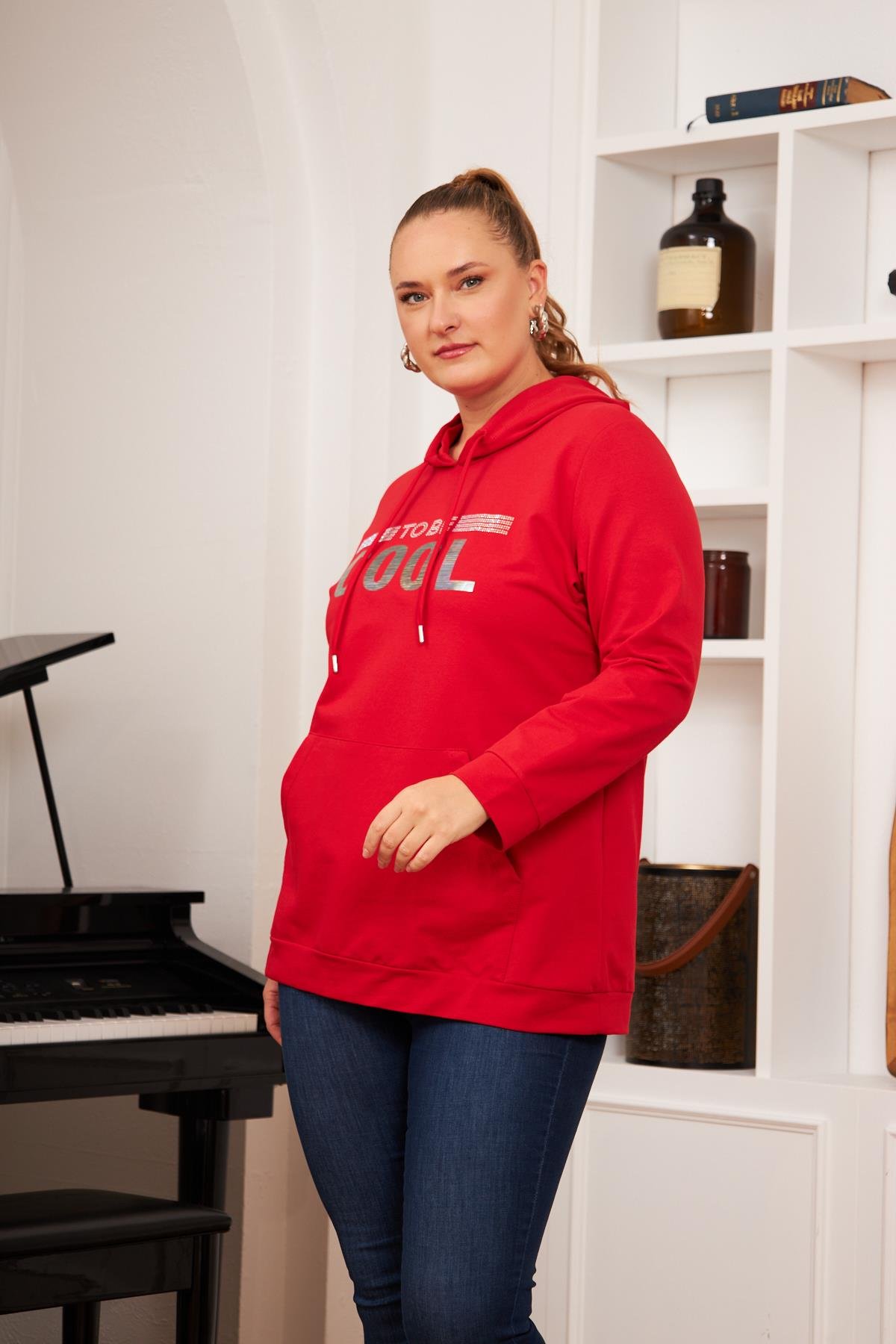 Büyük Beden Taş Baskılı Sweatshirt Kırmızı