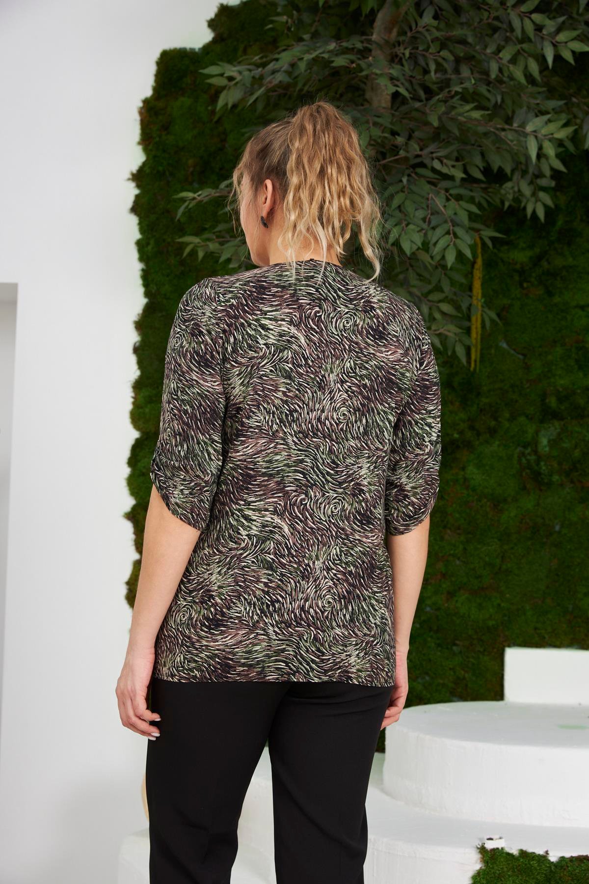 Rmg Desenli Cep Taş Detaylı Büyük Beden Haki Gömlek