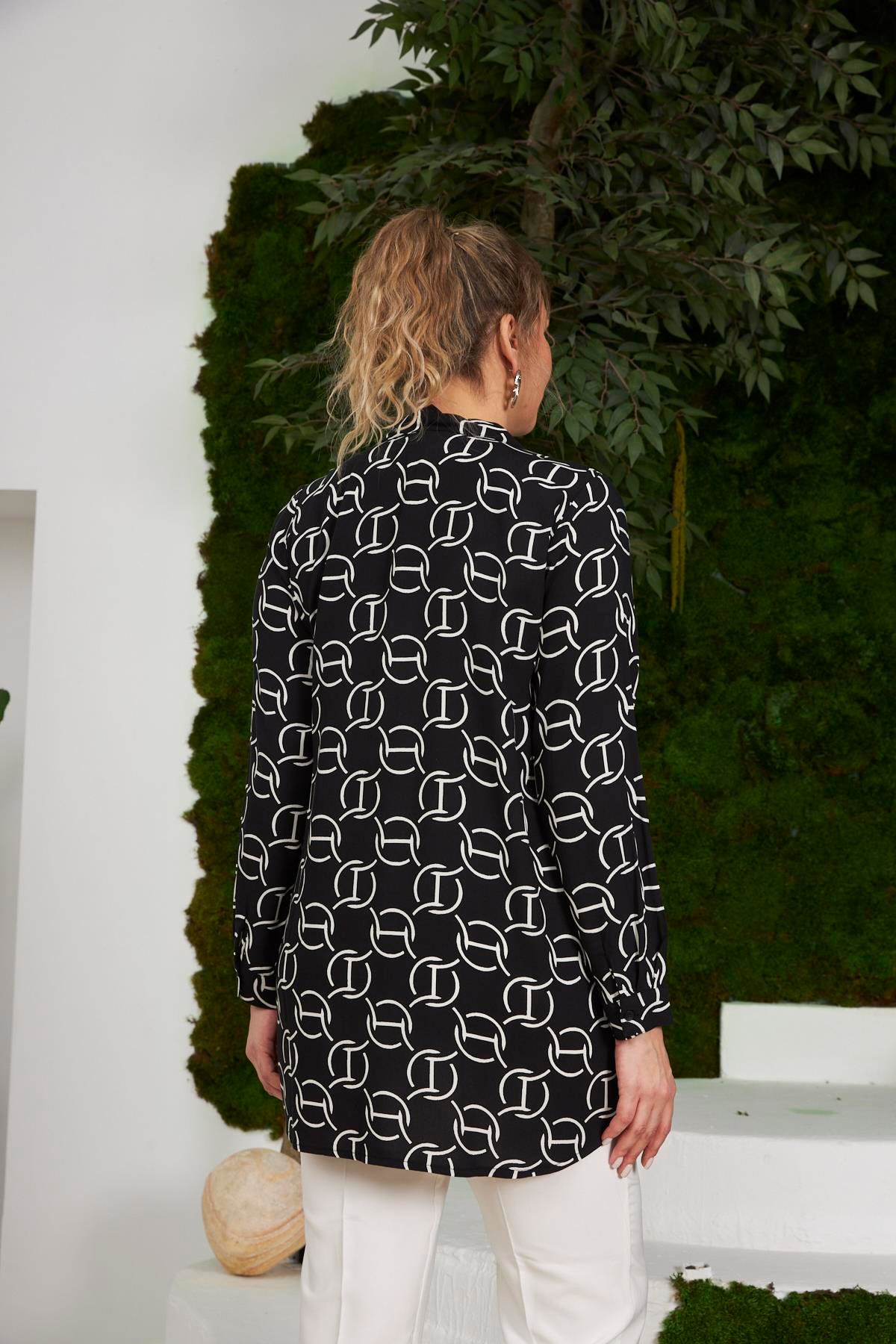 Rmg Zincir Desenli Büyük Beden Uzun Kol Siyah Gömlek