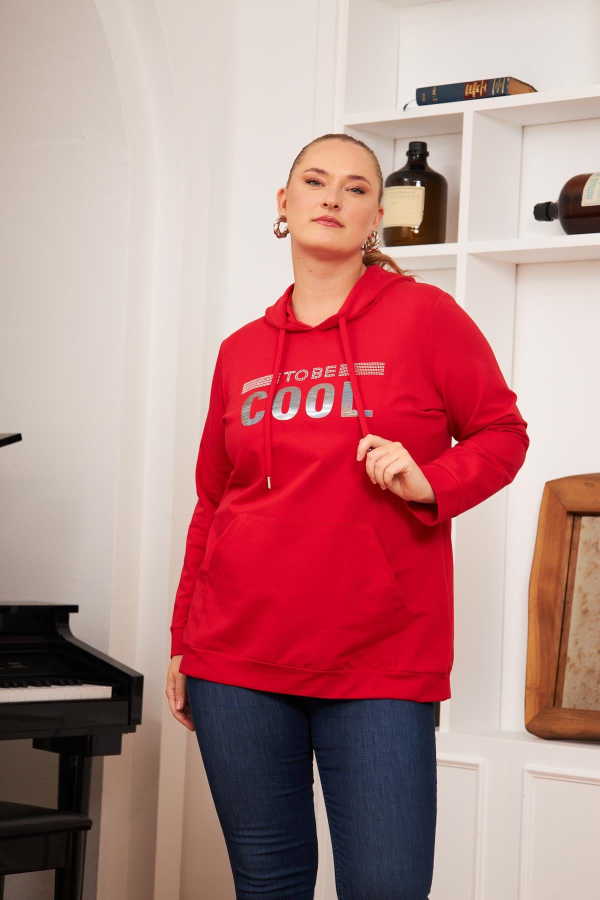 Büyük Beden Taş Baskılı Sweatshirt Kırmızı