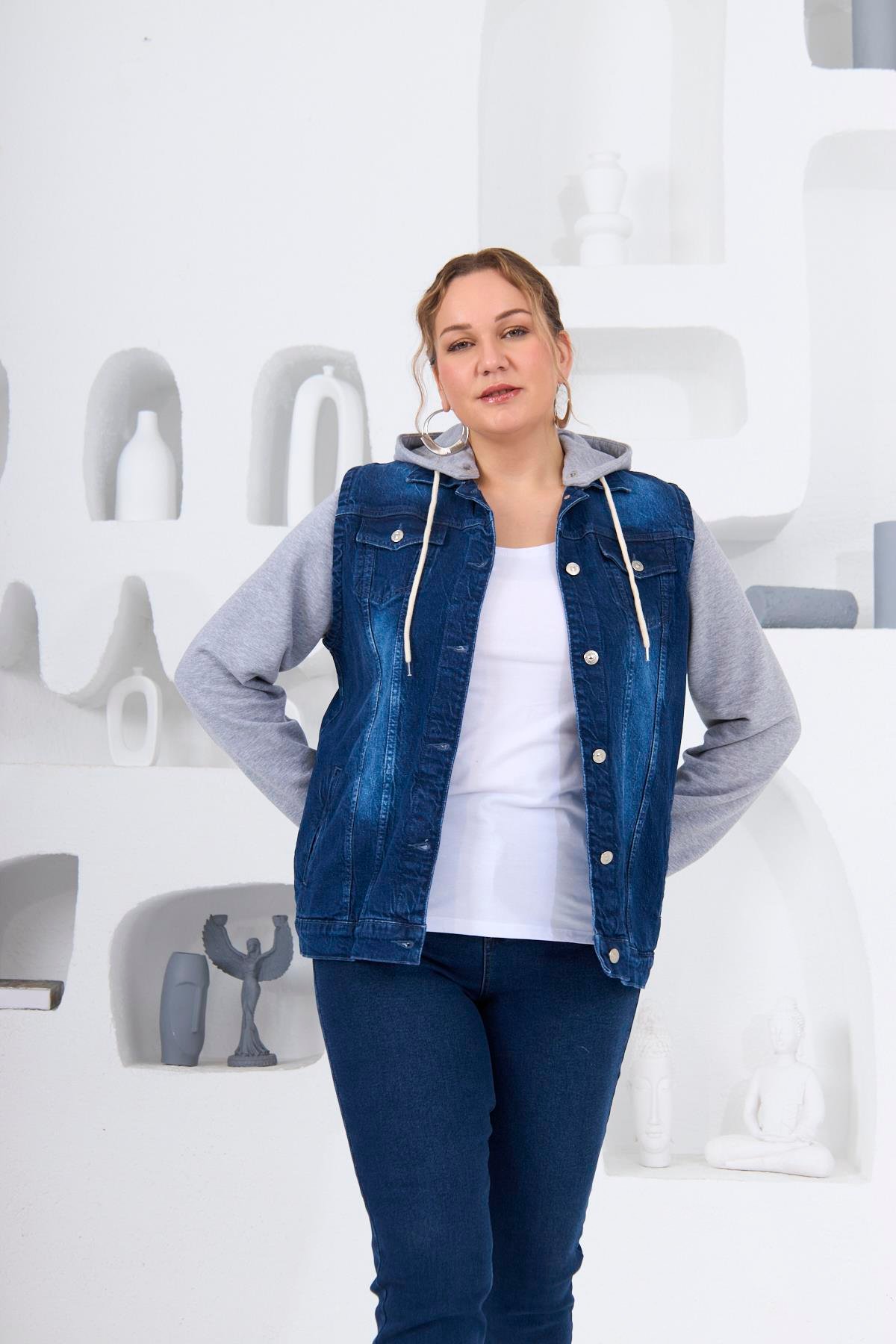 RMG İçlik Detaylı Büyük Beden Mavi Ceket