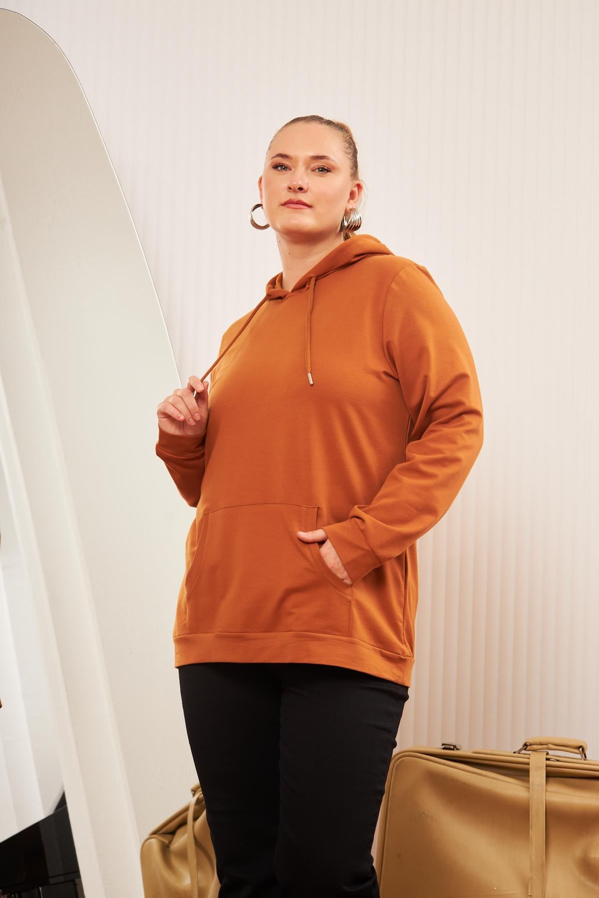 Rmg Kapşonlu Büyük Beden Camel Sweatshirt