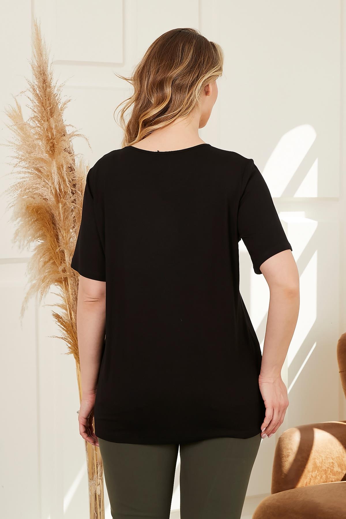 Rmg Şerit Detaylı Cepli Büyük Beden Siyah Tişört