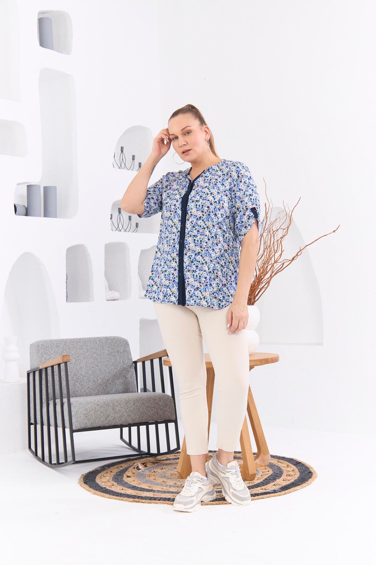 Rmg Çiçek Desenli Patlı Büyük Beden Lacivert Gömlek