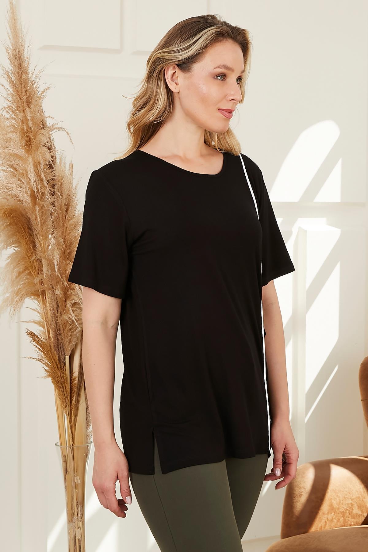 Rmg Şerit Detaylı Cepli Büyük Beden Siyah Tişört