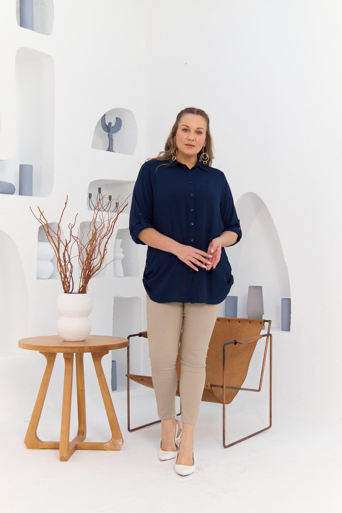 Rmg Yanları Apolet Detaylı Büyük Beden Lacivert Gömlek