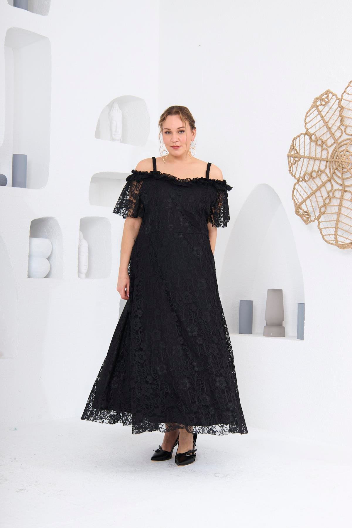 RMG Dantel Astarlı Omuz Detay Büyük Beden Elbise Siyah