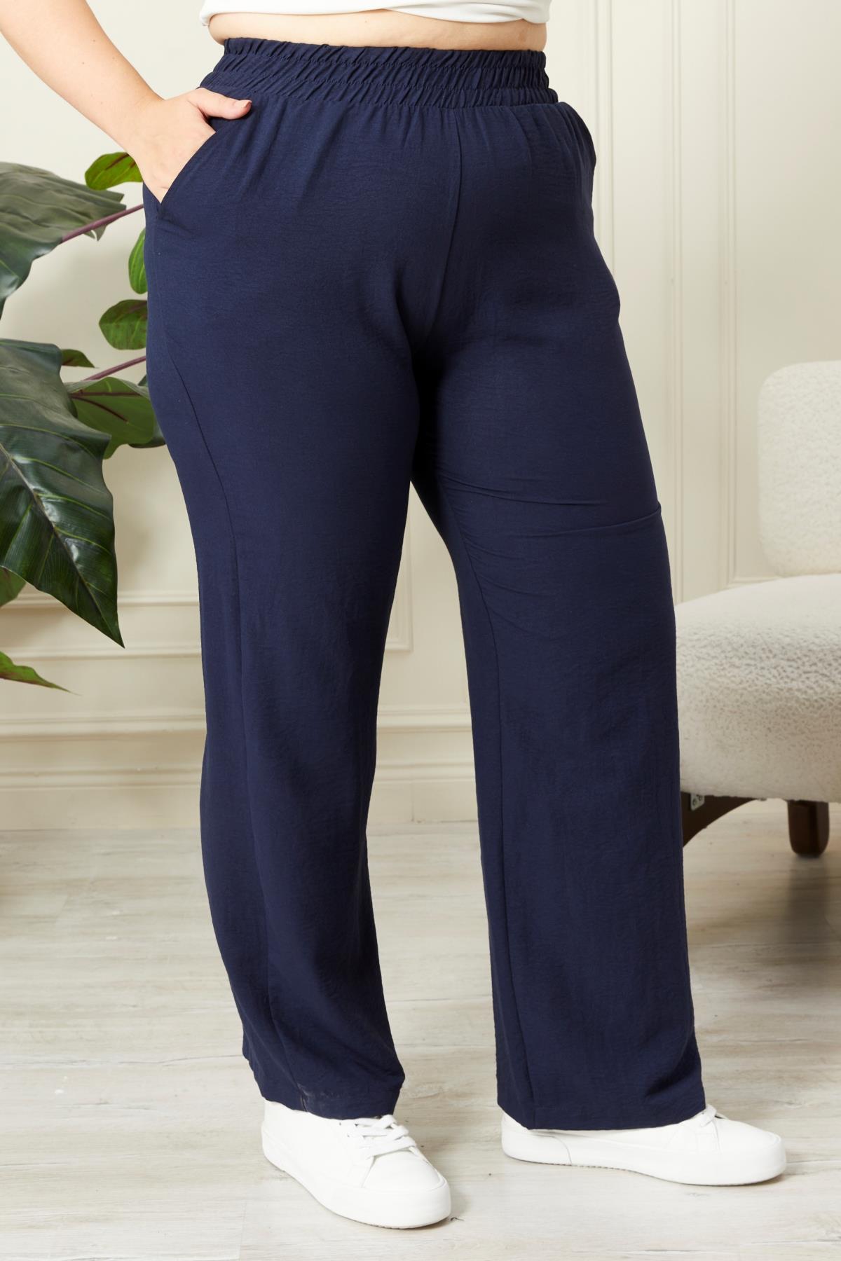 Rmg Beli Lastikli Geniş Paça Büyük Beden Lacivert Pantolon