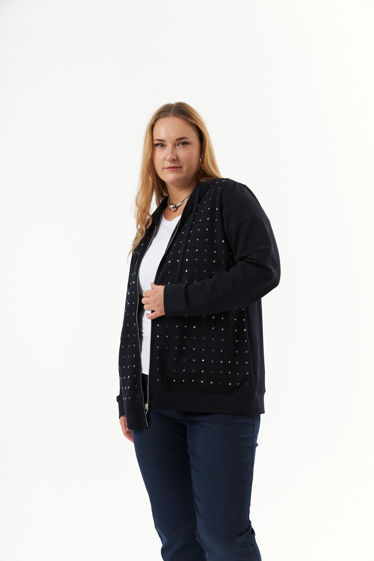 Büyük Beden Fermuarlı Droplu Sweatshirt Lacivert