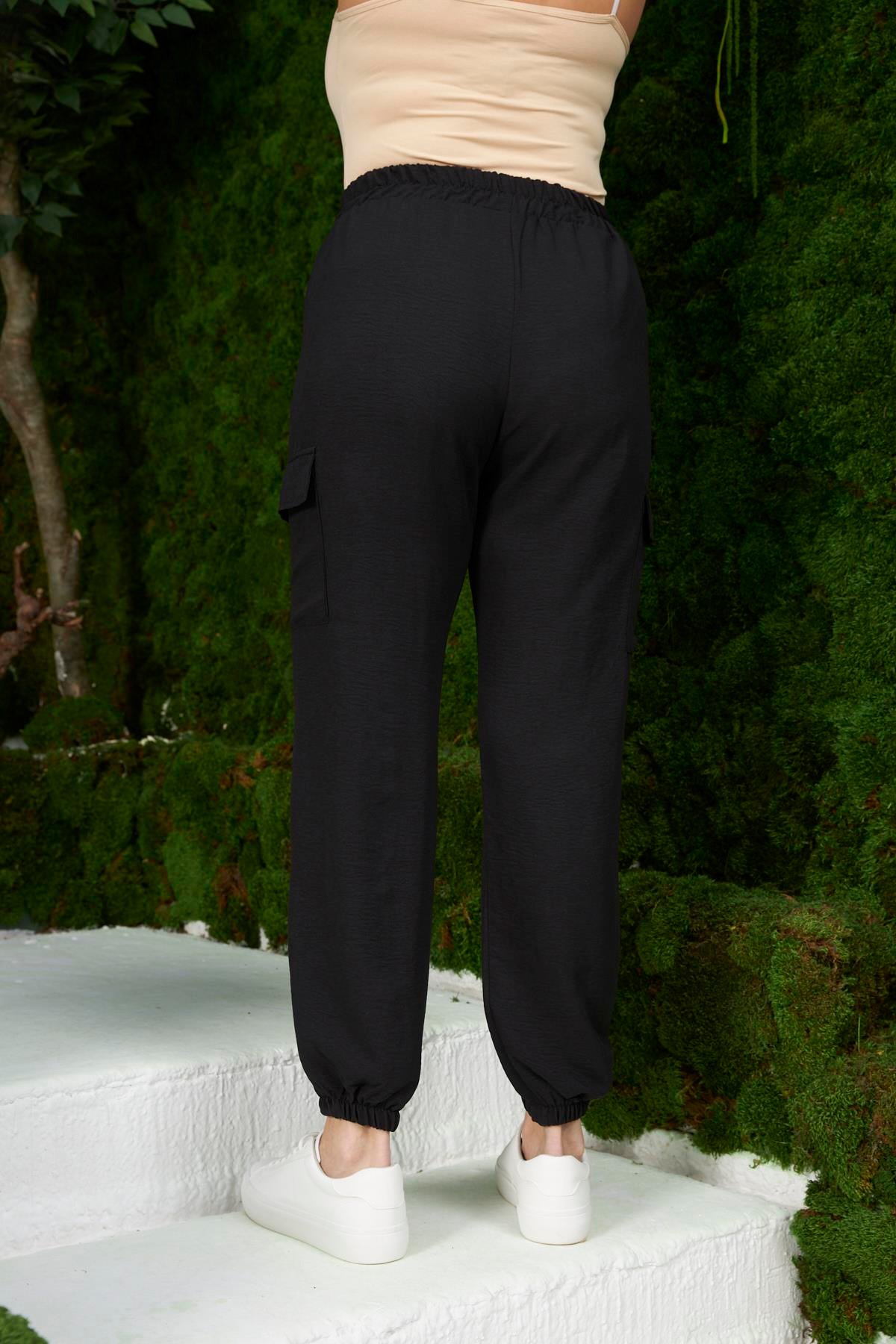 Rmg Beli Lastikli Kargo Cepli Büyük Beden Siyah Pantolon