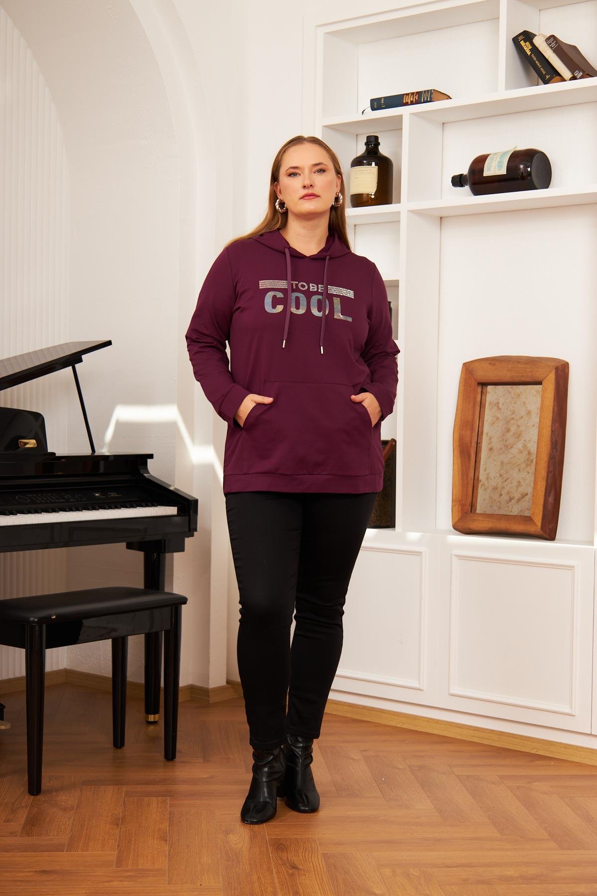Büyük Beden Taş Baskılı Sweatshirt Koyu Mor