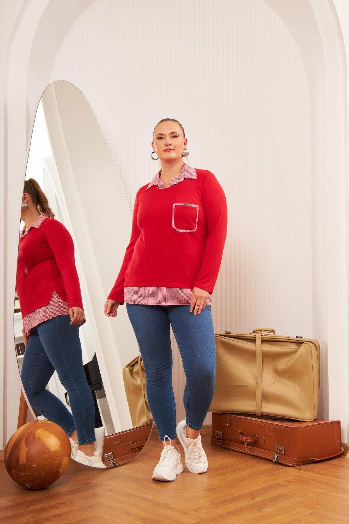 Cep Detaylı Ekoseli Büyük Beden Kırmızı Gömlek Bluz