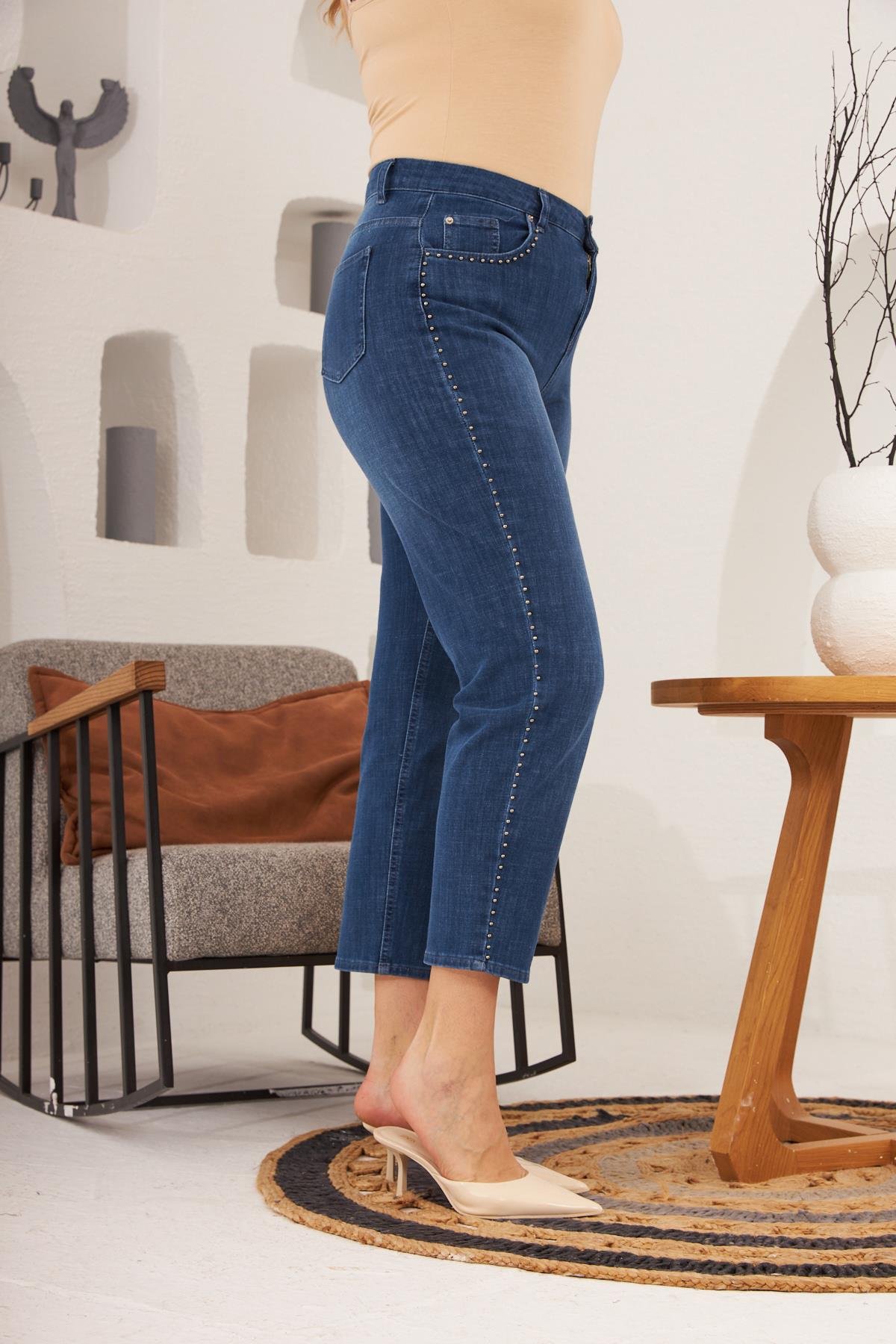 Rmg Yanları Taş Detaylı Büyük Beden Lacivert Kot Pantolon