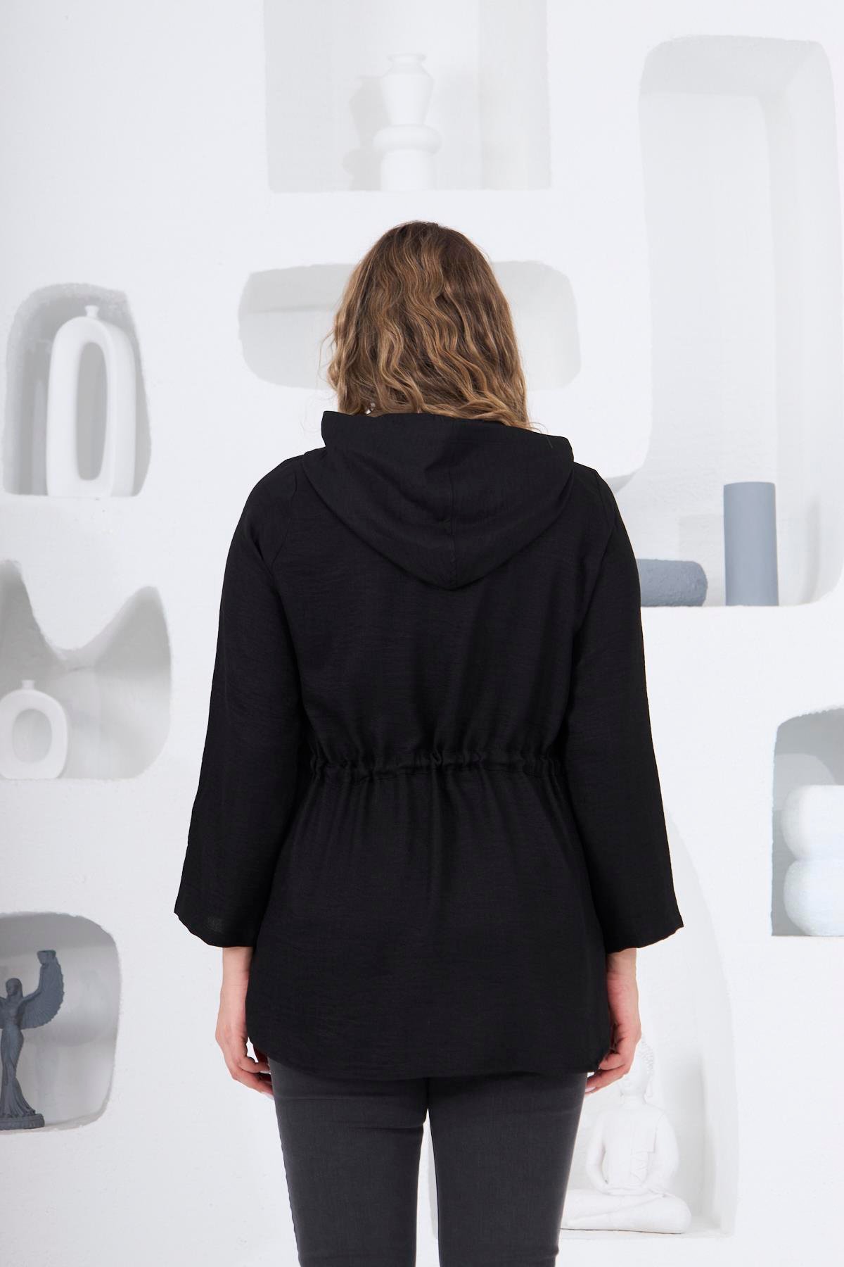 Rmg Omuz File Detaylı Keten Dokulu Büyük Beden Siyah Ceket