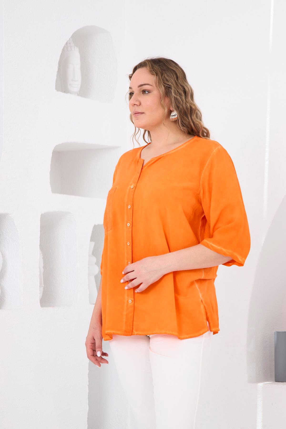 Rmg Cep Pulpayet Detaylı Yırtmaçlı Oranj Büyük Beden Yıkamalı Bluz