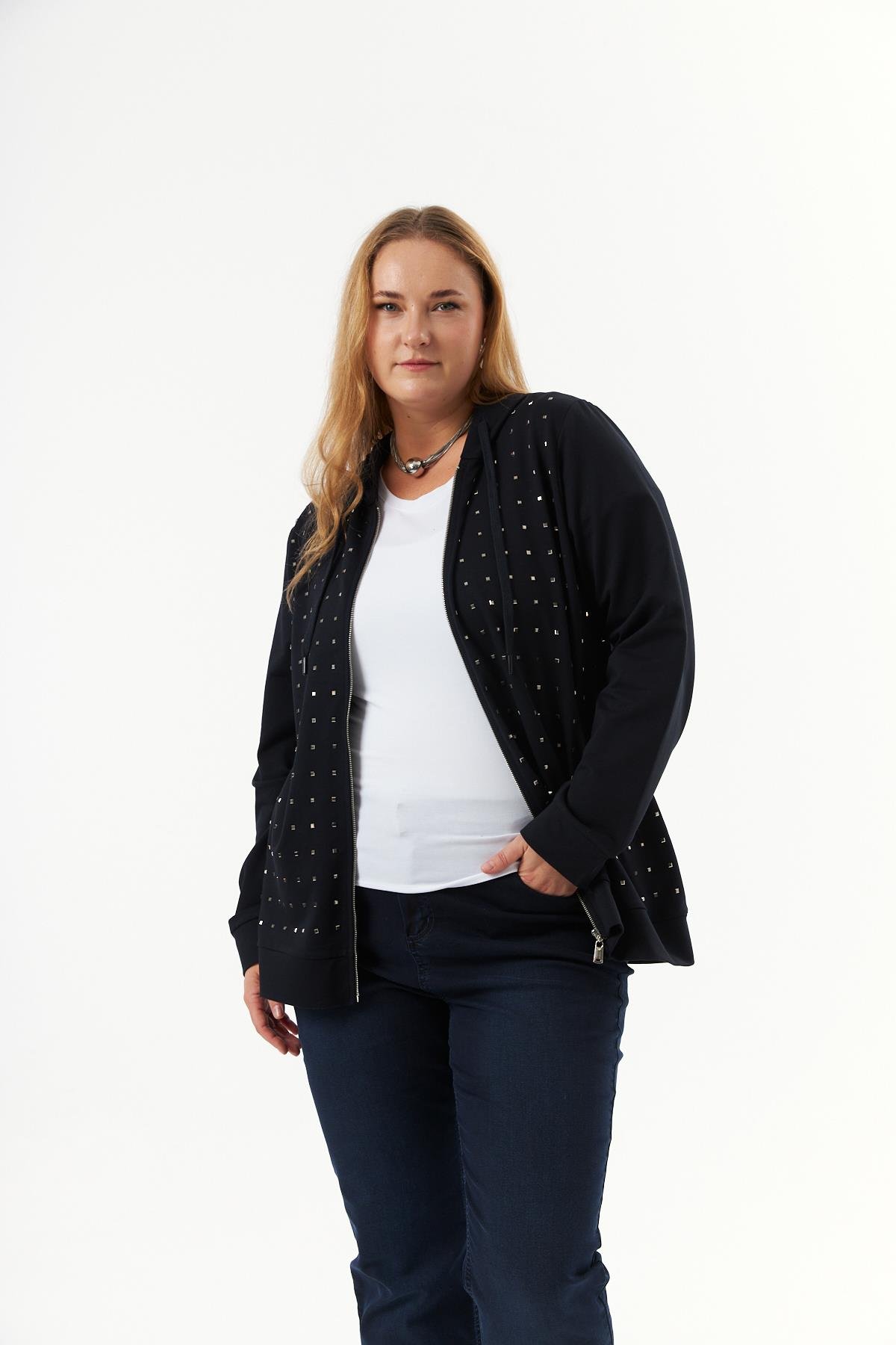 Büyük Beden Fermuarlı Droplu Sweatshirt Lacivert