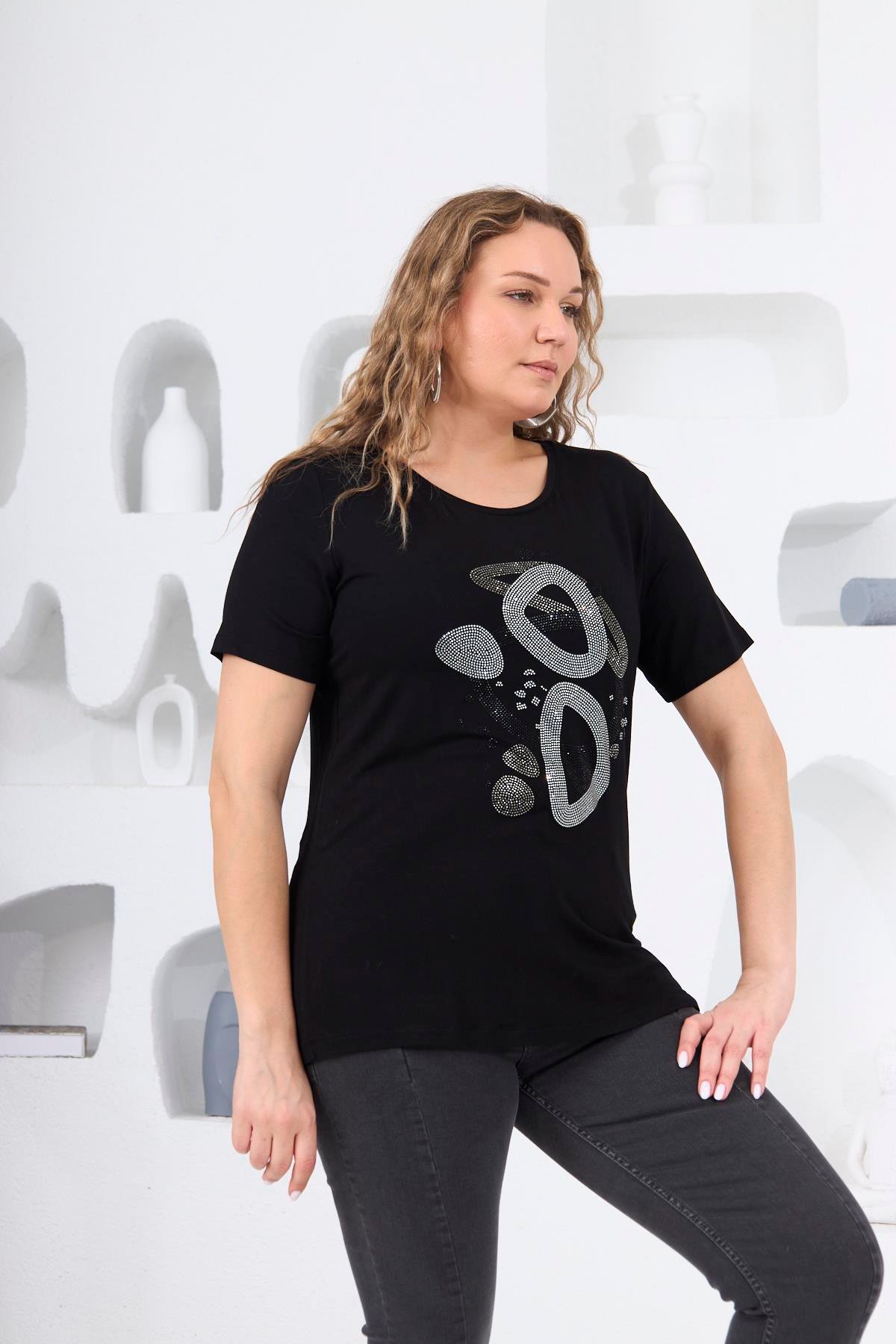 Rmg Taş Detaylı Büyük Beden Siyah Tişört