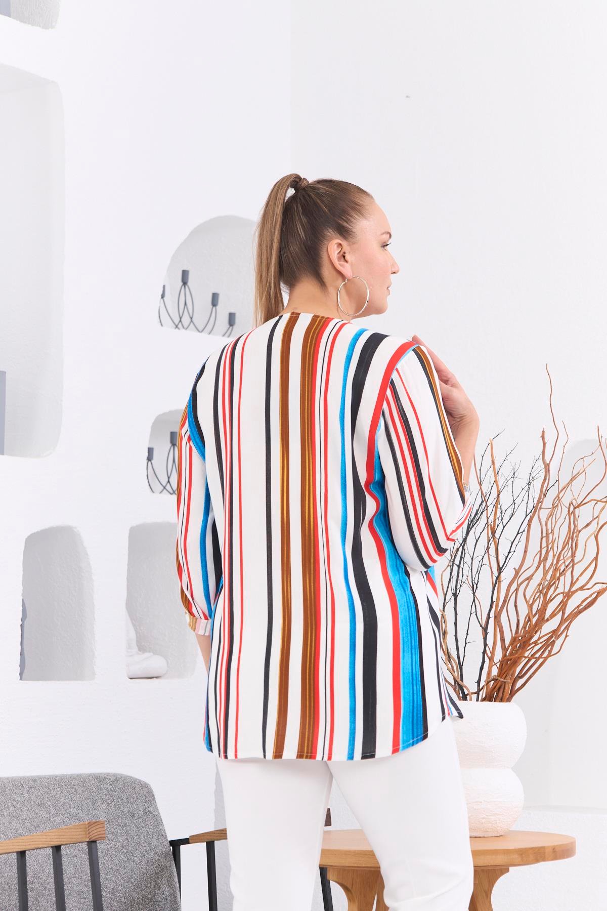 Rmg Çizgili Cep Detaylı Büyük Beden Mavi Bluz