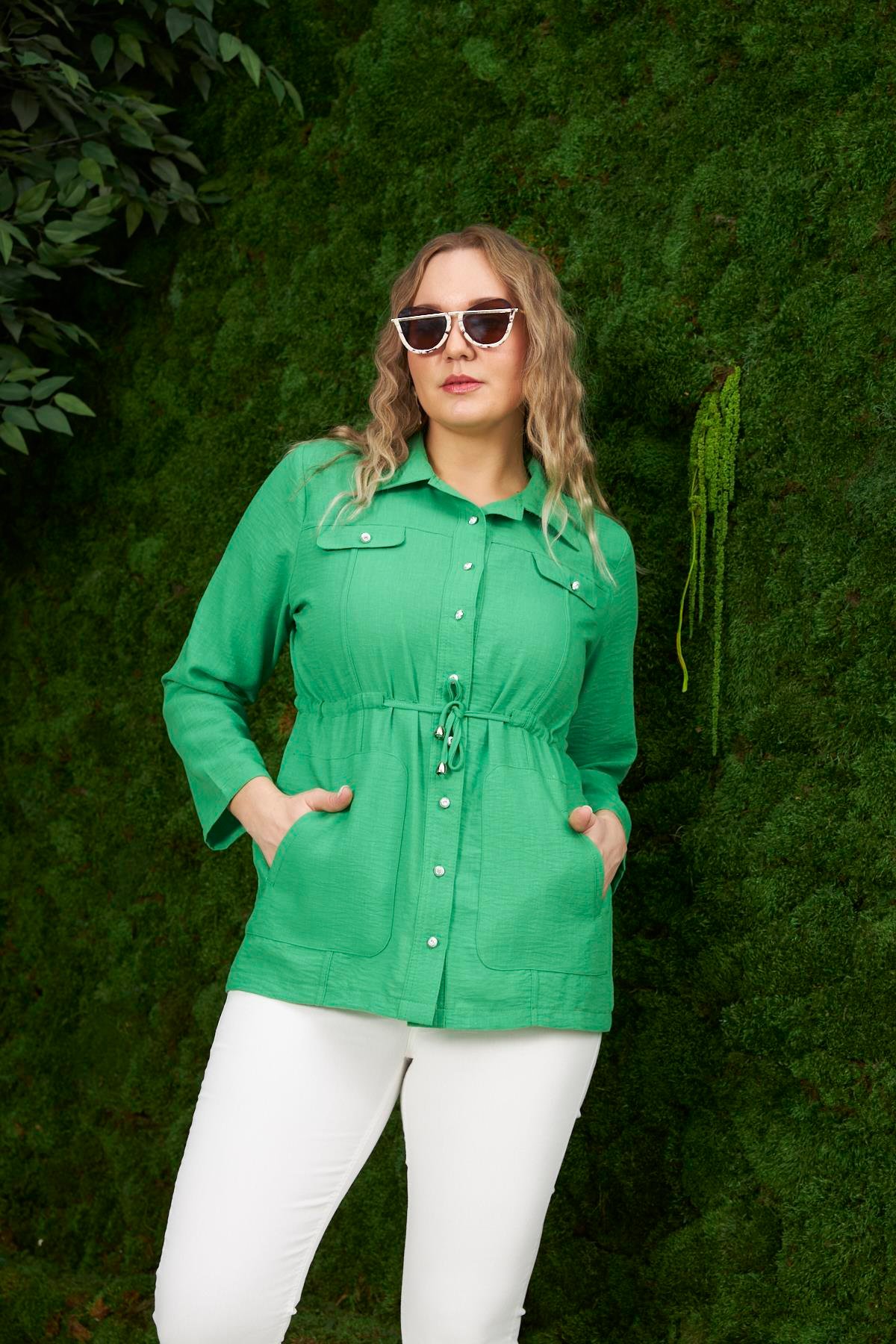 RMG Bel Bağcık Detaylı Büyük Beden Yeşil Keten Ceket