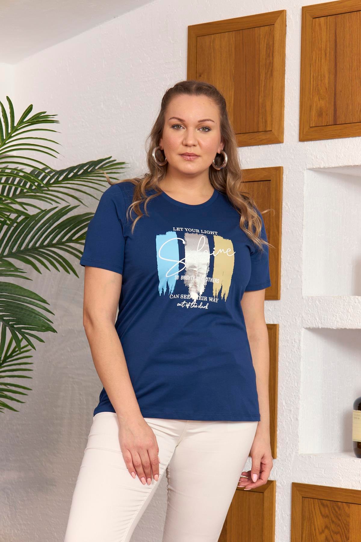 Rmg Fırça Deseni Baskılı Büyük Beden İndigo Tişört