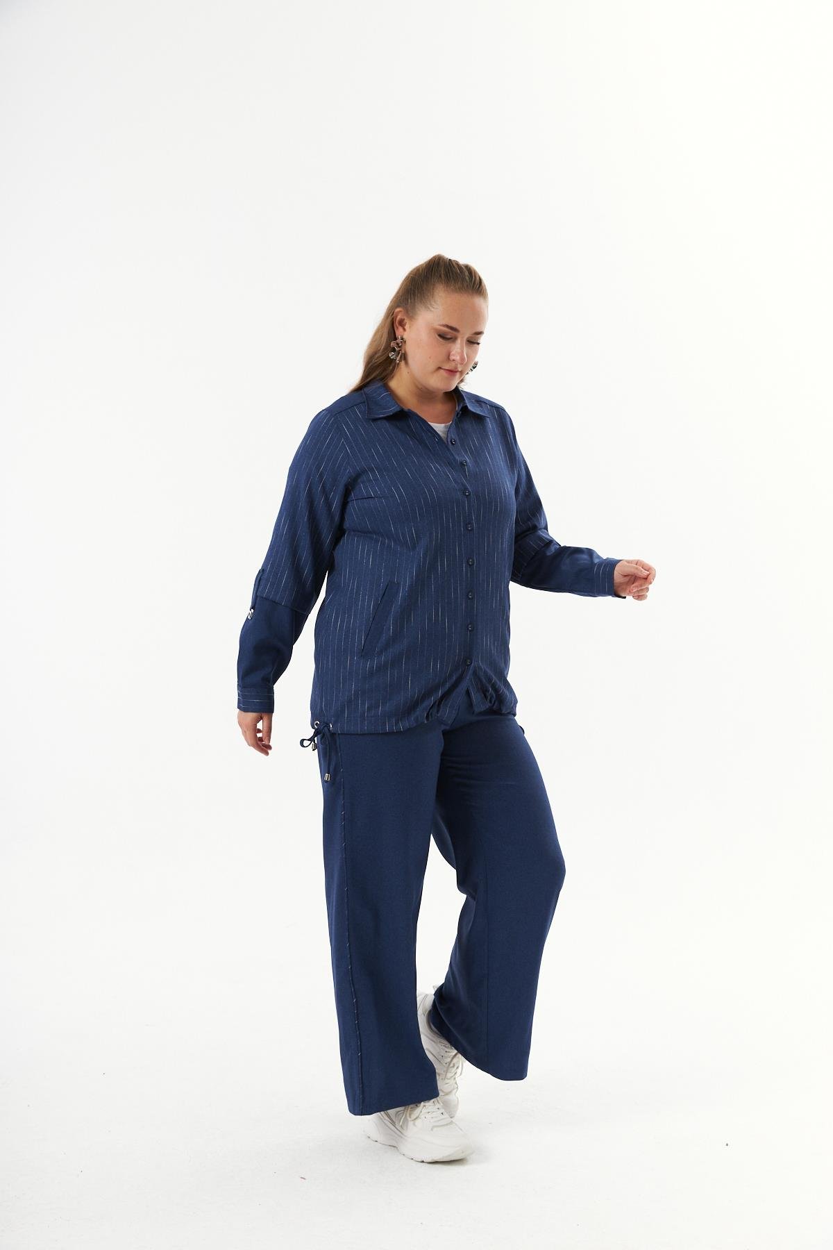 Büyük Beden Kolları Katlanabilir Takım Gömlek Pantolon İndigo