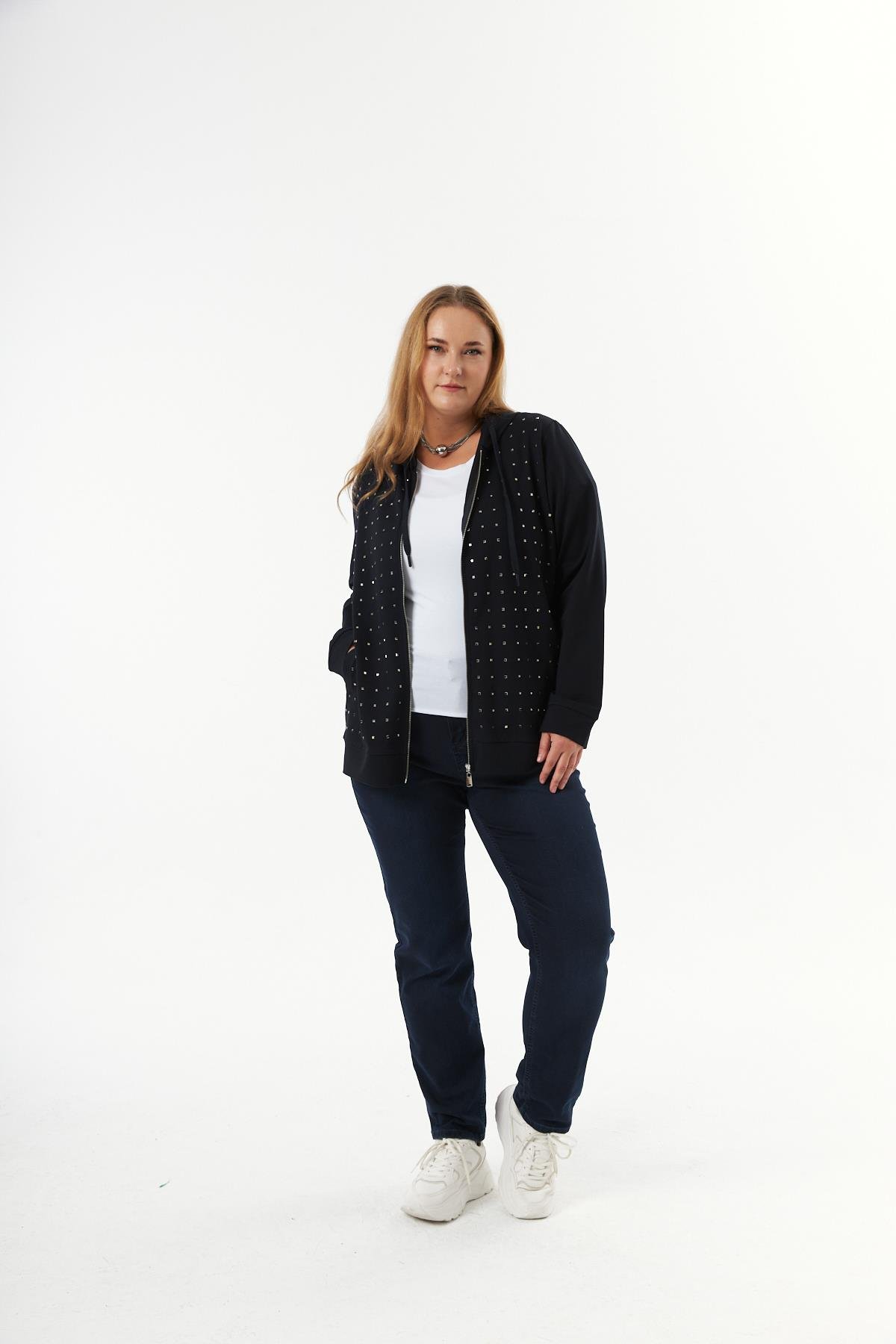 Büyük Beden Fermuarlı Droplu Sweatshirt Lacivert