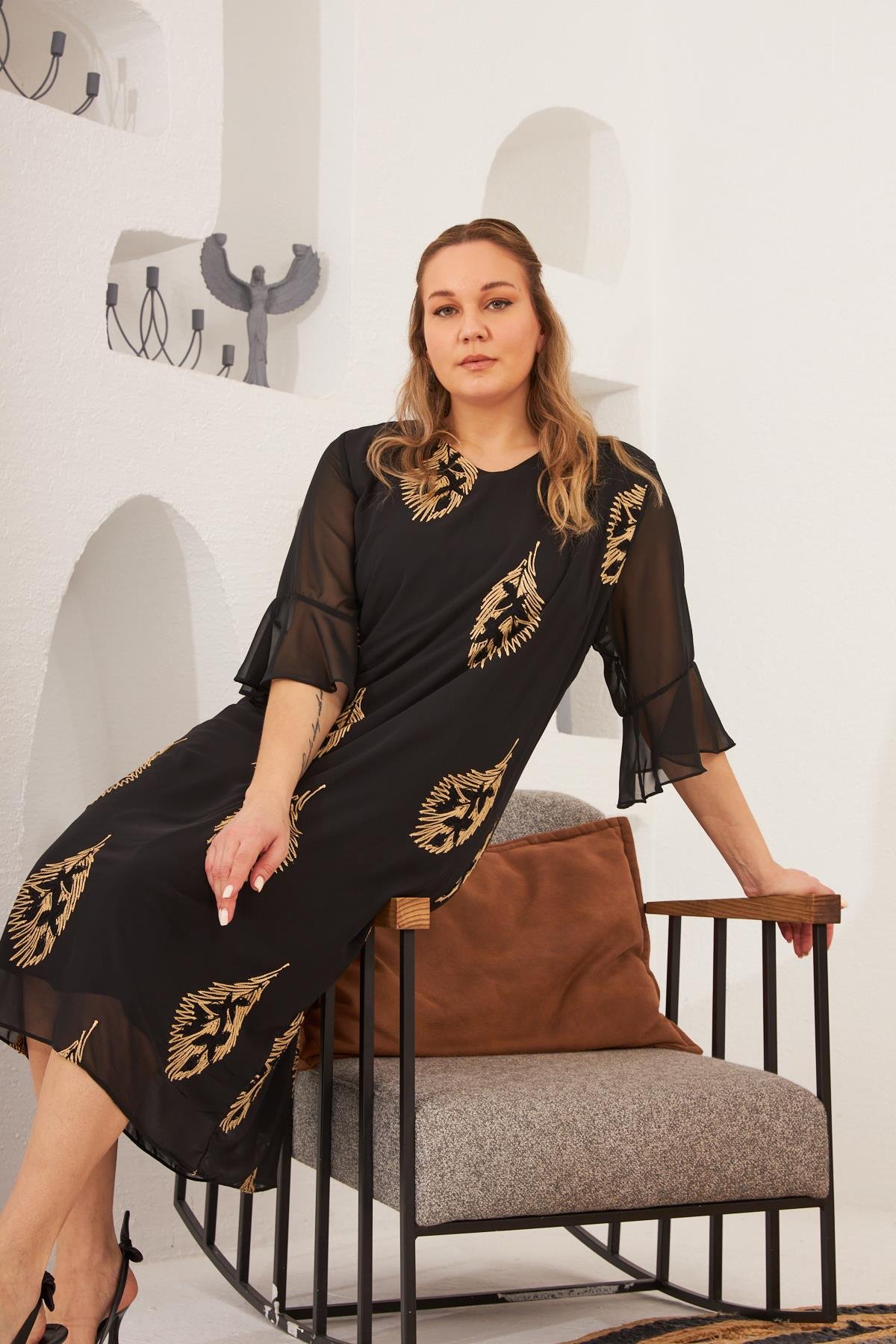 Rmg Nakış Detay İçlikli Büyük Beden Abiye Elbise Siyah