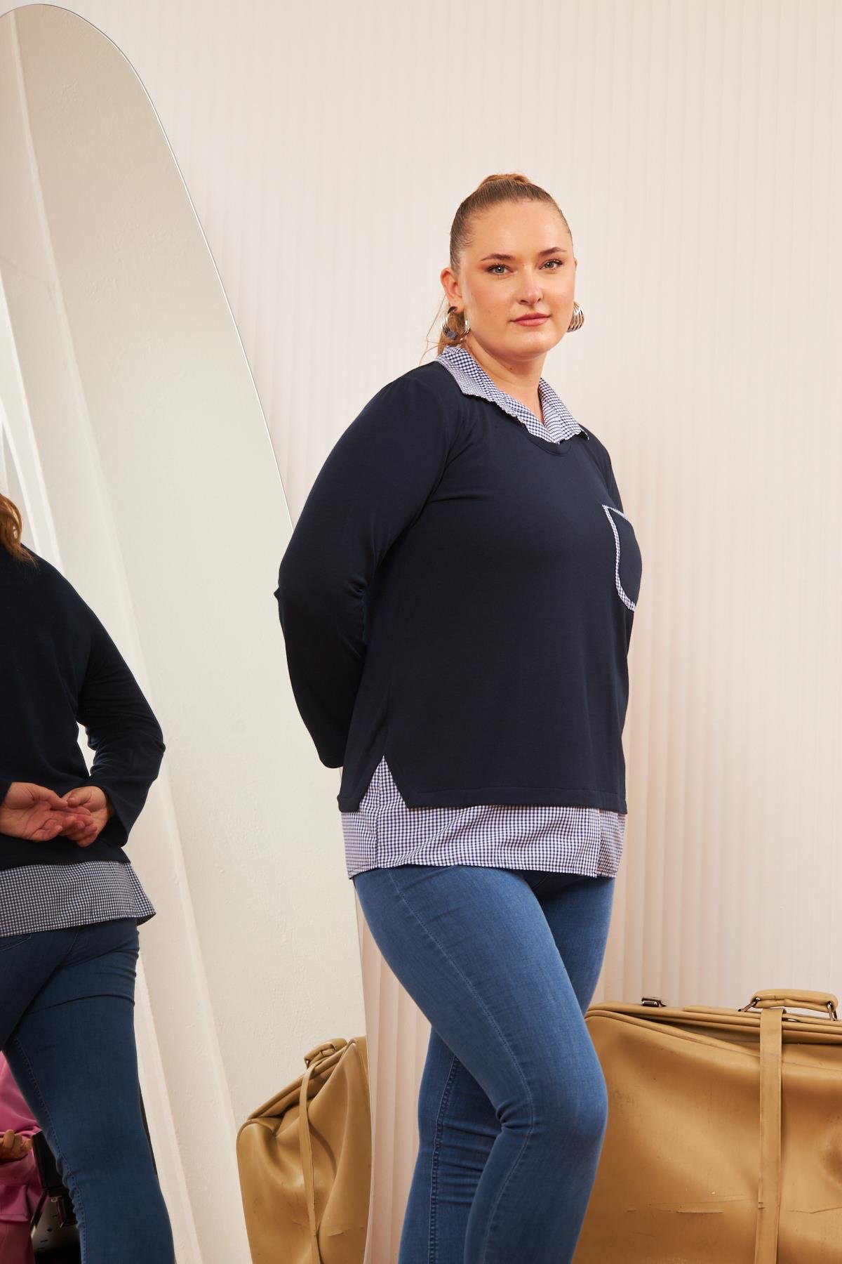 Rmg Cep Detaylı Ekoseli Büyük Beden Lacivert Gömlek Bluz