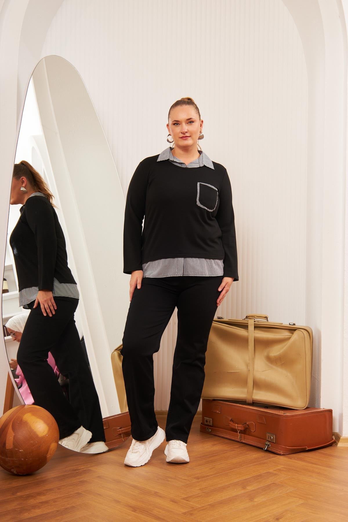 Rmg Cep Detaylı Ekoseli Büyük Beden Siyah Gömlek Bluz