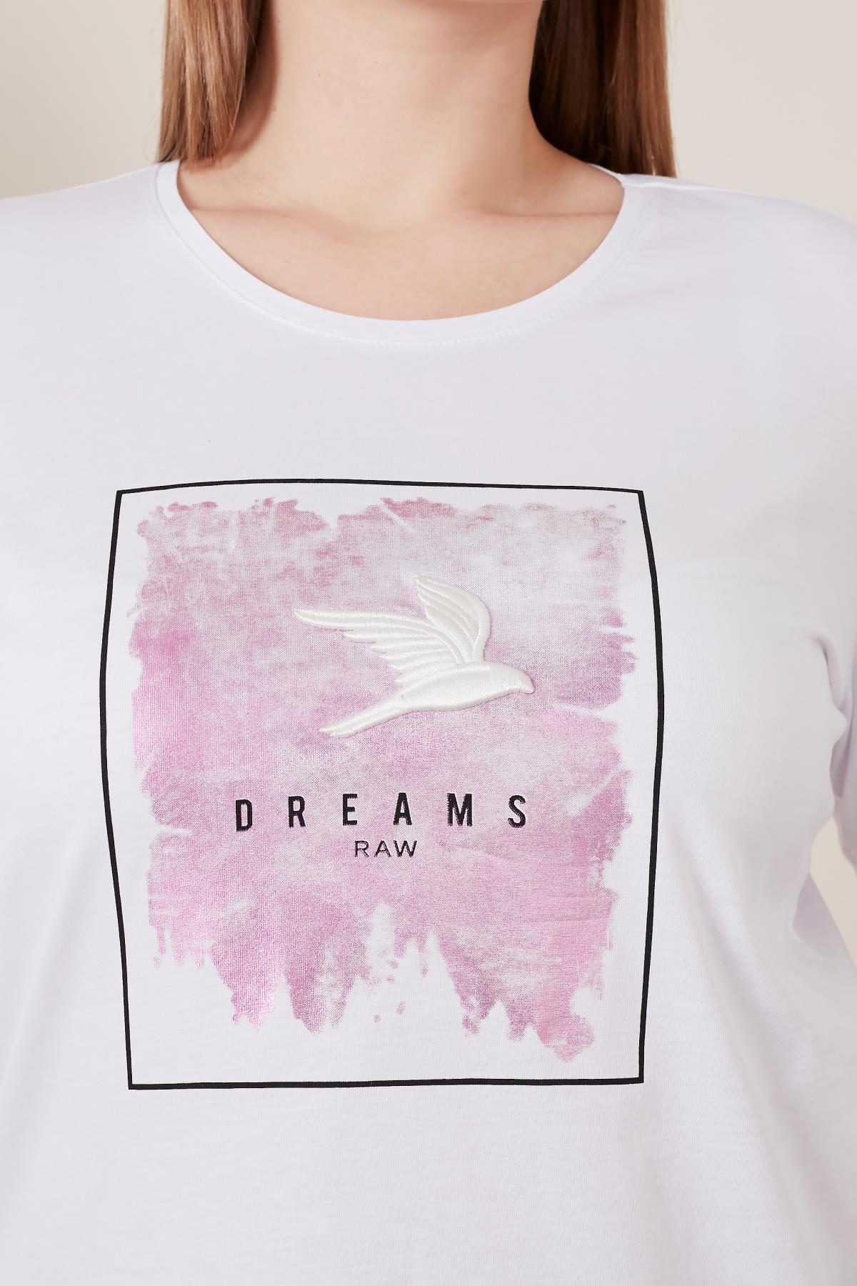 Rmg Nakış İşlemeli Baskılı Büyük Beden Beyaz Tişört