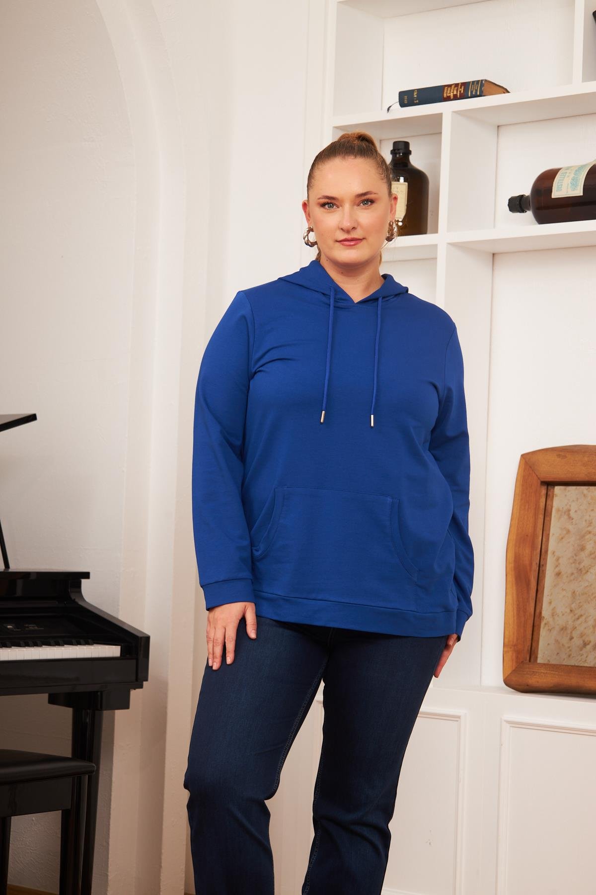 Rmg Kapşonlu Büyük Beden Saks Sweatshirt