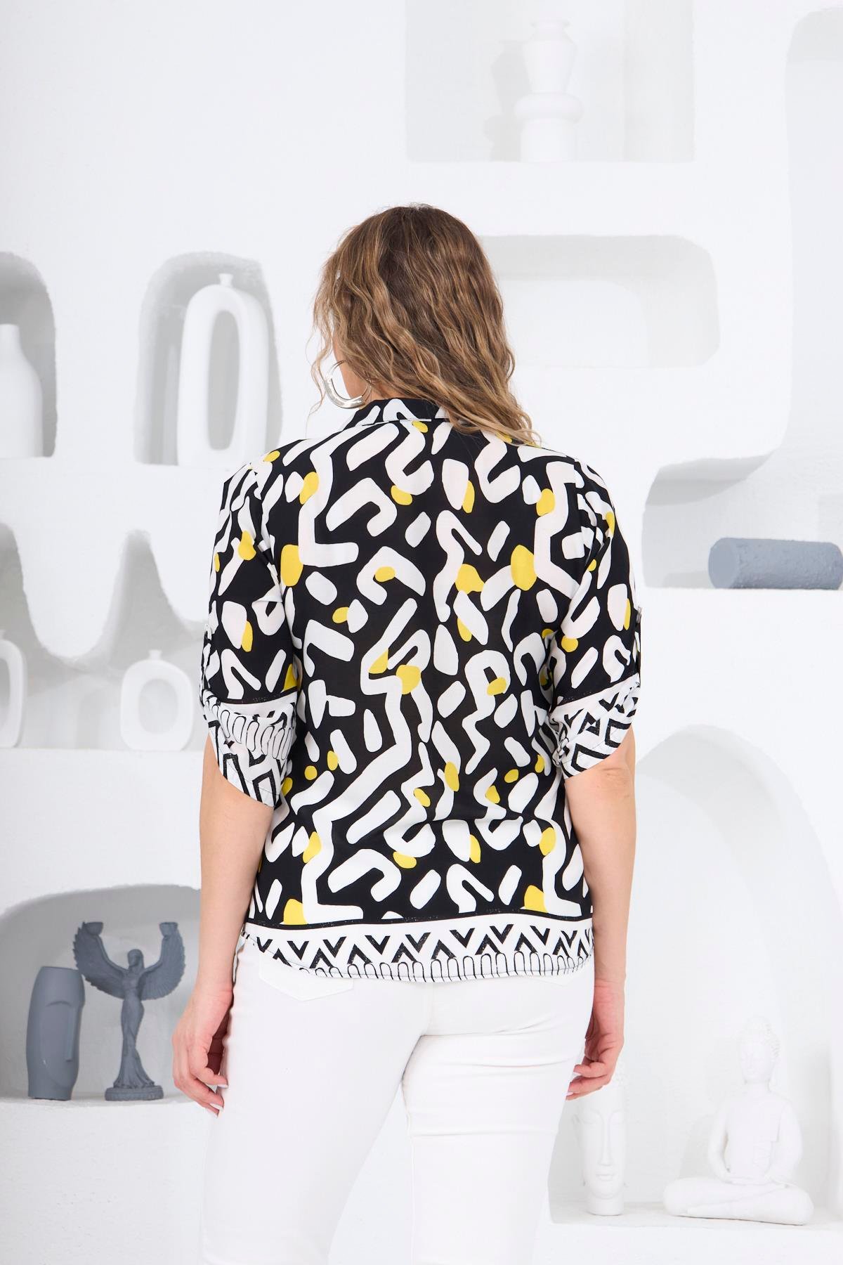 Rmg Desenli Viskon Büyük Beden Siyah Gömlek