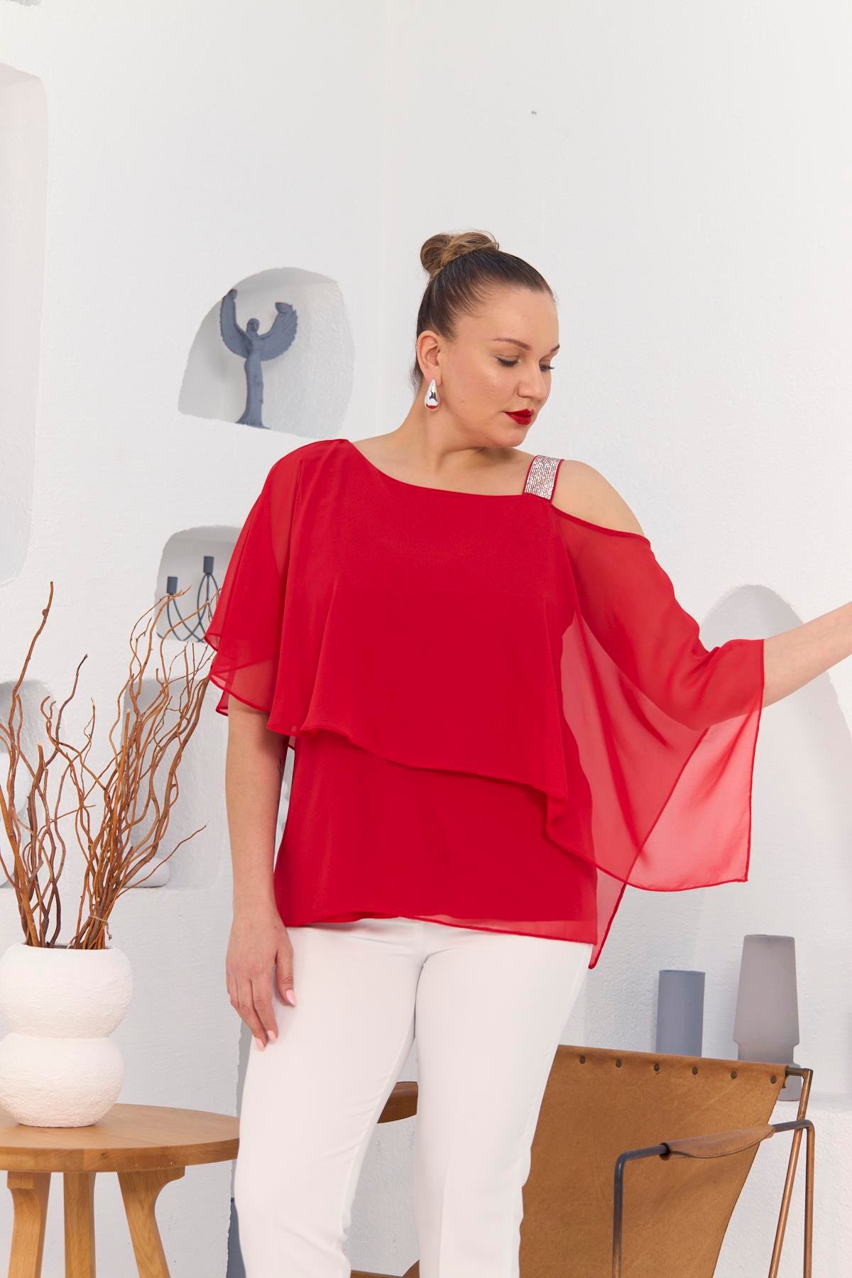 Rmg Omuz Taş Detay İçlikli Şifon Büyük Beden Bluz Mercan