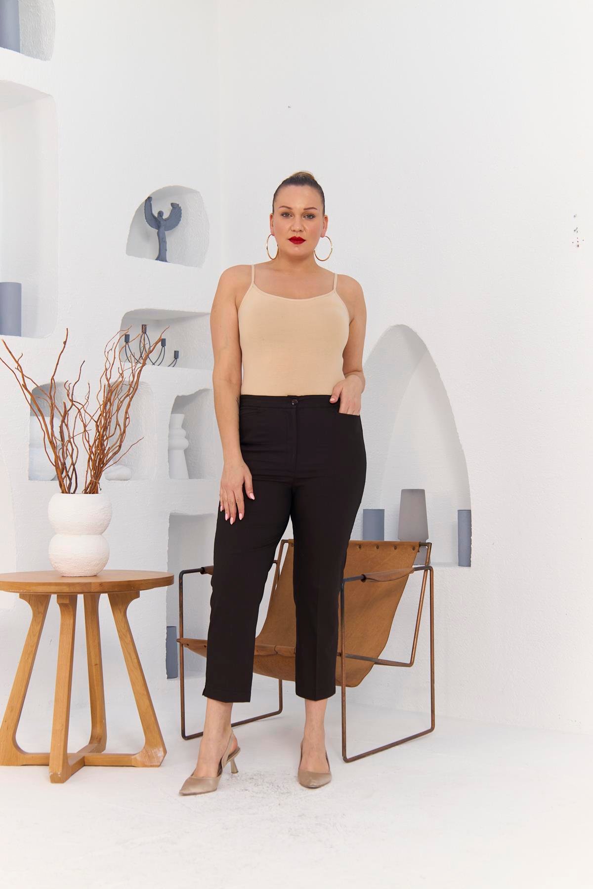 Rmg Bilek Yırtmaç Detaylı Büyük Beden Kahve Kumaş Pantolon