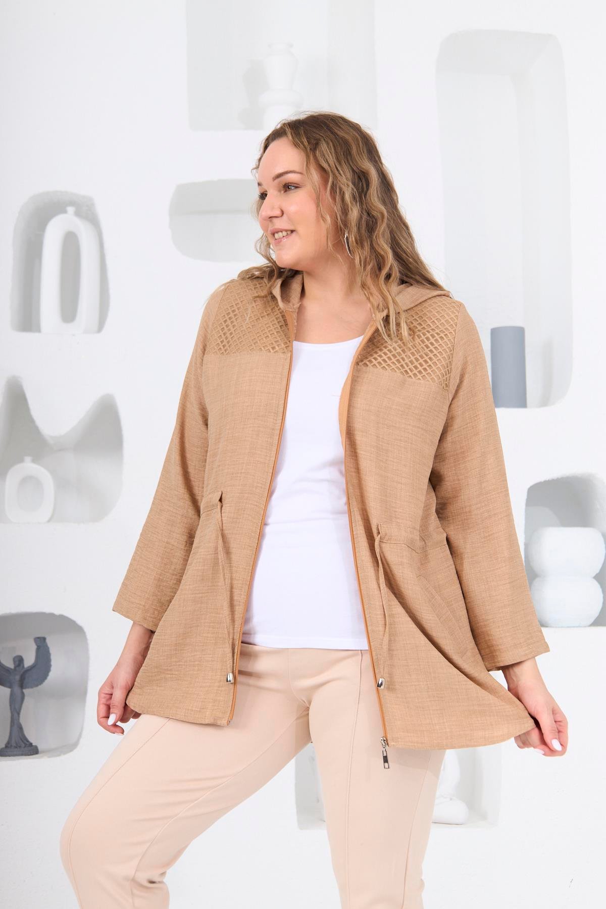 Rmg Omuz File Detaylı Keten Dokulu Büyük Beden Vizon Ceket